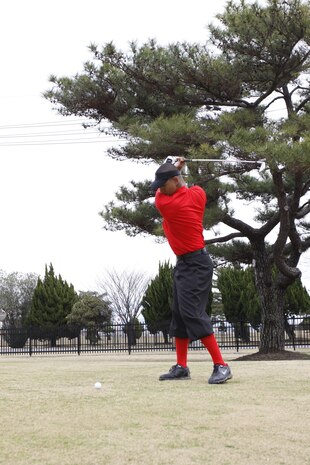 Staff Sgt. Christopher A. Rios prepares to drive the ball down the fairway at the Ordnance Golf Tournament at the Torii Pines Golf Course here March 5. The tournament raised more than $900 for the 88th Aviation Ordnance Birthday to celebrate the founding of the military occupational field April 25, 1922.