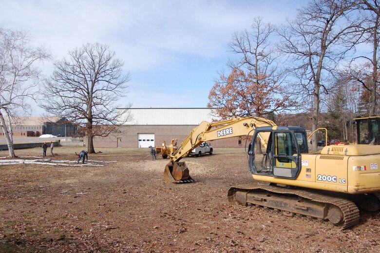 Workers begin the process of tree clearing in preparation for the start of construction at the Centralized Intermediate Repair Facility on base March 4, 2010. A ceremonial groundbreaking is planned March 6. (U.S. Air Force photo by Tech. Sgt. Joshua Mead)