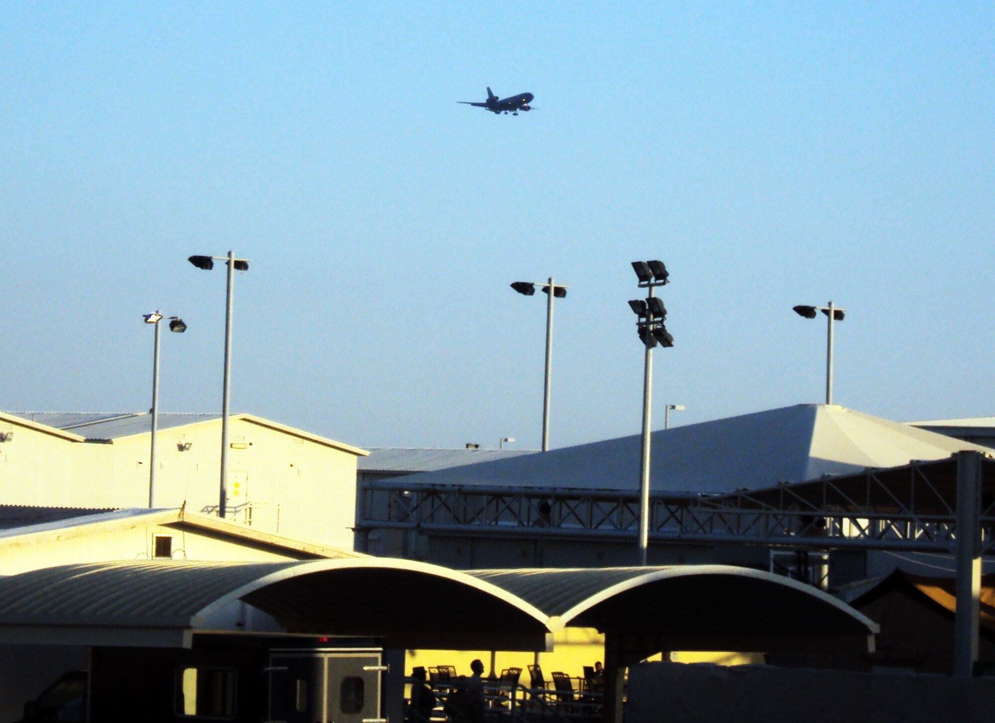 A KC-10 Extender from the 908th Expeditionary Air Refueling Squadron returns from a combat air refueling mission over the compound of the 380th Air Expeditionary Wing at a non-disclosed base in Southwest Asia on March 4, 2010. The 380th AEW supports operations Iraqi Freedom and Enduring Freedom and the Combined Joint Task Force-Horn of Africa. (U.S. Air Force Photo/Master Sgt. Scott T. Sturkol)
