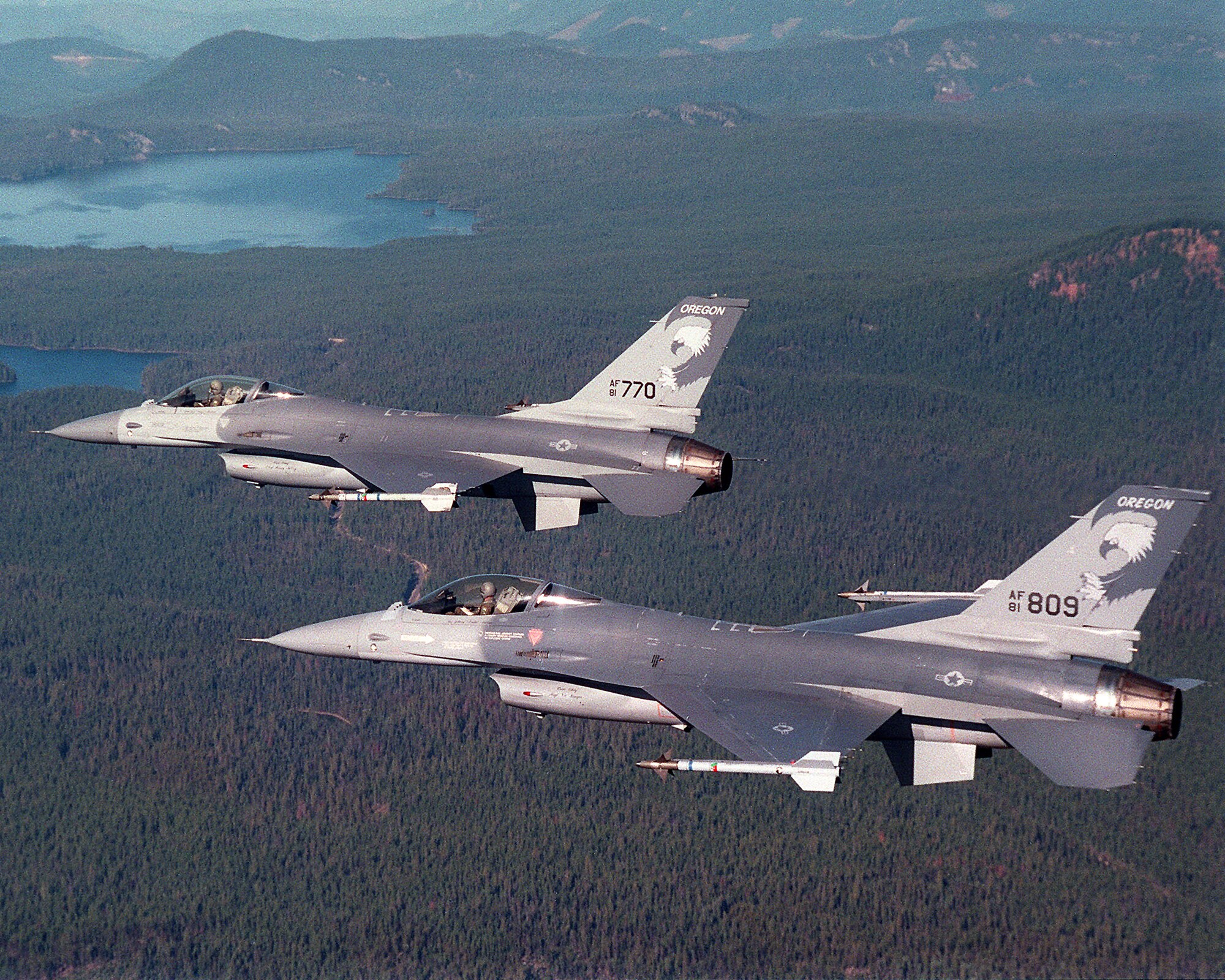 Two Ore. Air National Guard  F-16 Fighting Falcons from the 114th Fighter Squadron fly over Klamath Falls, Ore.  (U.S. Air Force photo by Unknown, Released)  