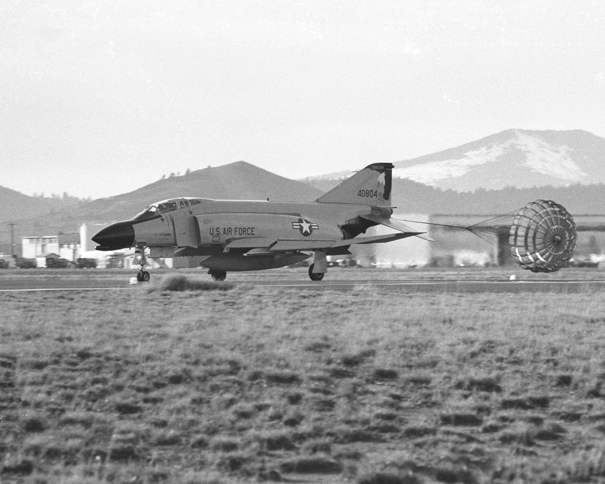 An Ore. Air National Guard  F-4 Phanotm from the 114th Fighter Squadron lands on the runway at Kingsley Field, Klamath Falls, Ore.  (U.S. Air Force photo by Unknown, Released)  