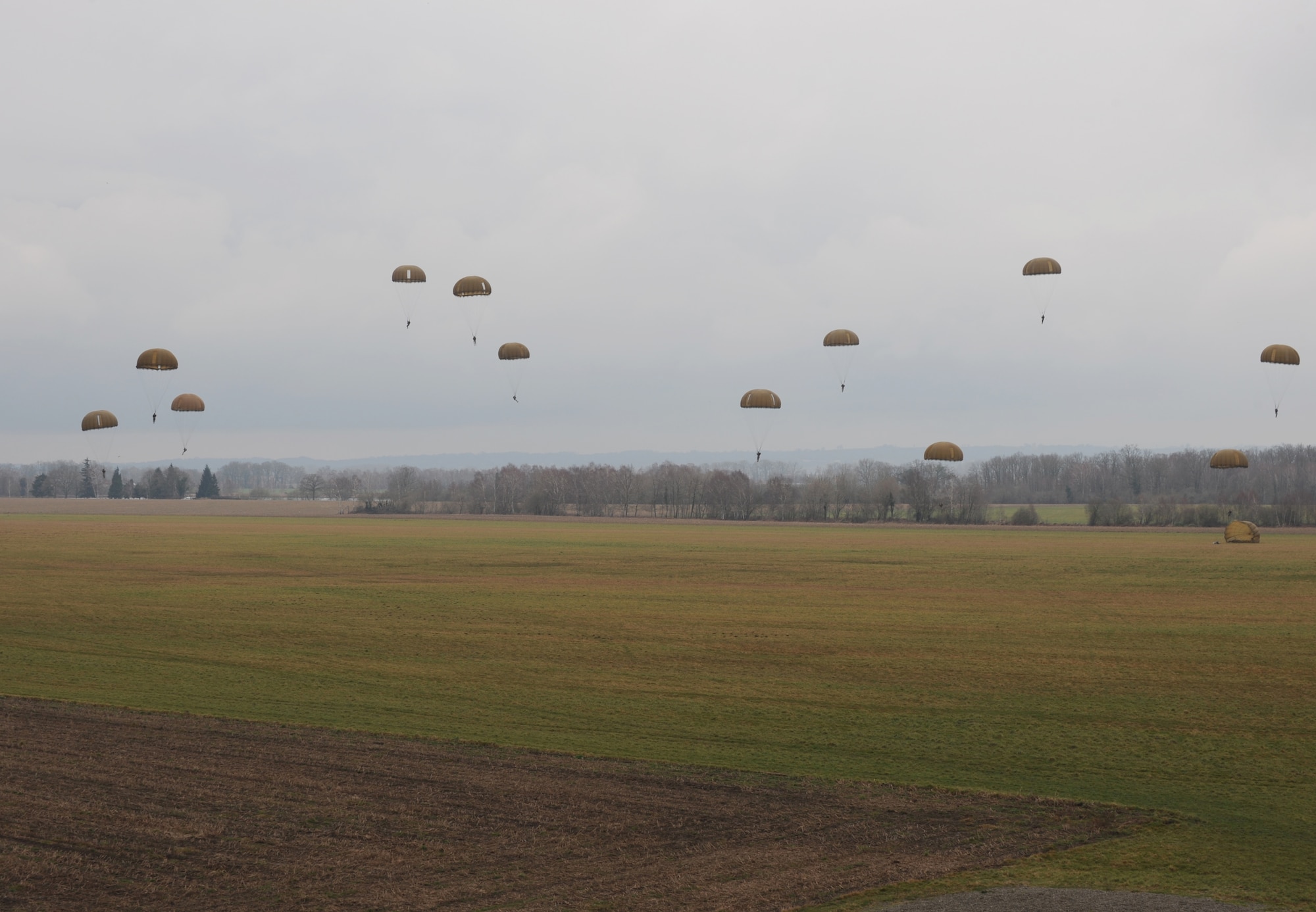 Airborne members fill the skies with their chutes after during a jump at École des troupes aéroportées (ETAP) Pau, France, March 4, 2010. Members of the 435th Contingency Response Group and the 5th Quartermaster Company joined with their French military counterparts for a week of training at the École des troupes aéroportées (ETAP), or School of Airborne Troops, a military school dedicated to training the military paratroopers  the French army, located in the town of Pau, in the département of Pyrénées-Atlantiques, France.  The ETAP is responsible for training paratroopers, and for international cooperation and promotion of paratroop culture. (U.S. Air Force photo by Airman 1st Class Caleb Pierce)
