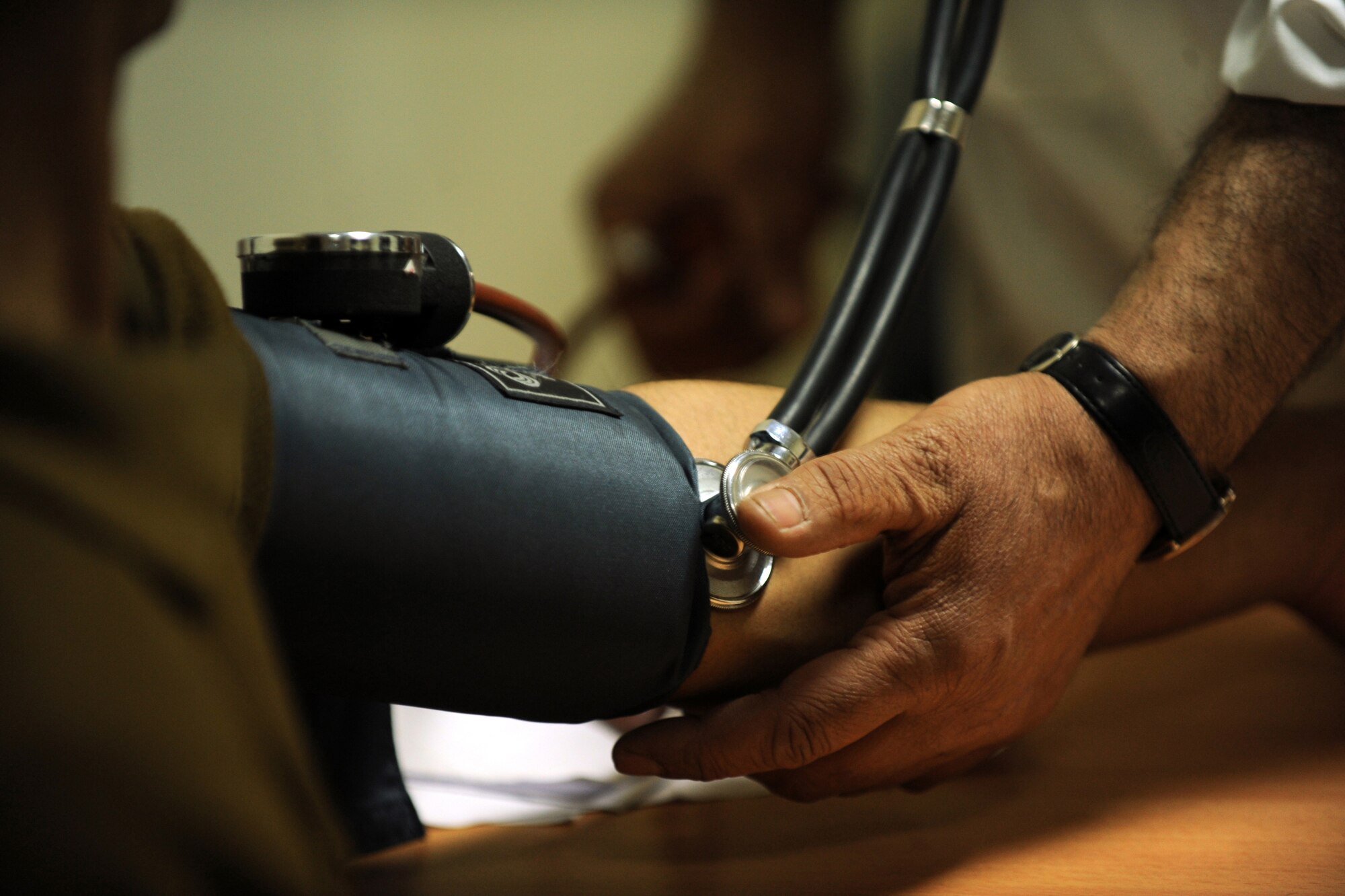 Afghan National Army Air Corps Col. Toryalay Sh-quraishee, Command Air Corps Medical Service Clinic commander, checks an Afghan soldier's blood pressure during an appointment Feb. 23, 2010, at Kabul International Airport, Afghanistan. (U.S. Air Force photo/Staff Sgt. Manuel J. Martinez/released)
)
