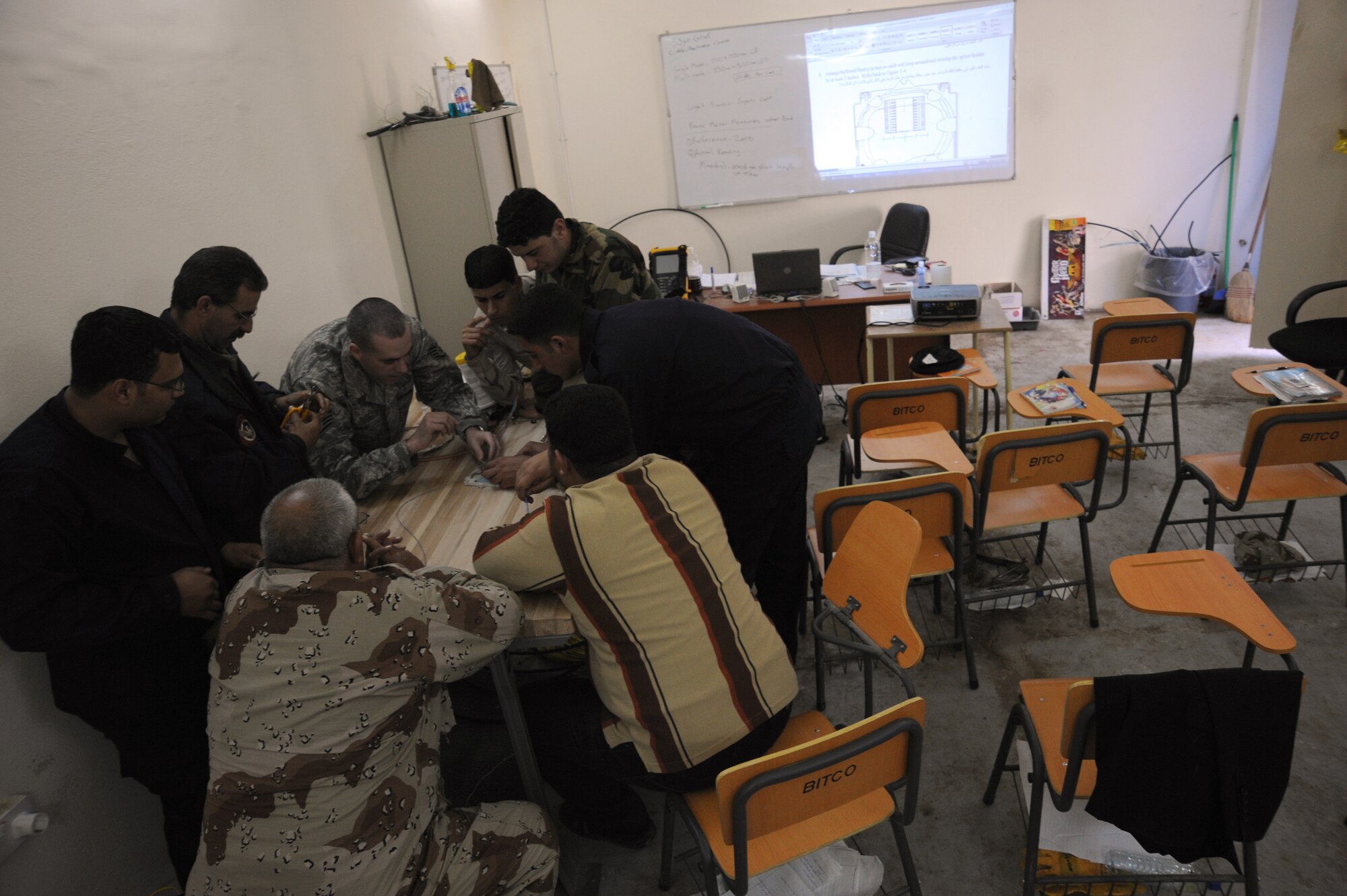 Air Force Staff Sgt. Gary Graf, 821st Expeditionary Training Squadron cable and antenna maintenance instructor, gathers his students around a table to closely teach them some of the aspects of fiber optics during class at Camp Taji, Iraq, Feb. 13, 2010. During this 42 day course the Iraqi military students learn about theories, splicing cable and the overall capabilities that fiber optics can bring in advancements. (U.S. Air Force photo/Master Sgt. Trish Bunting/Released)