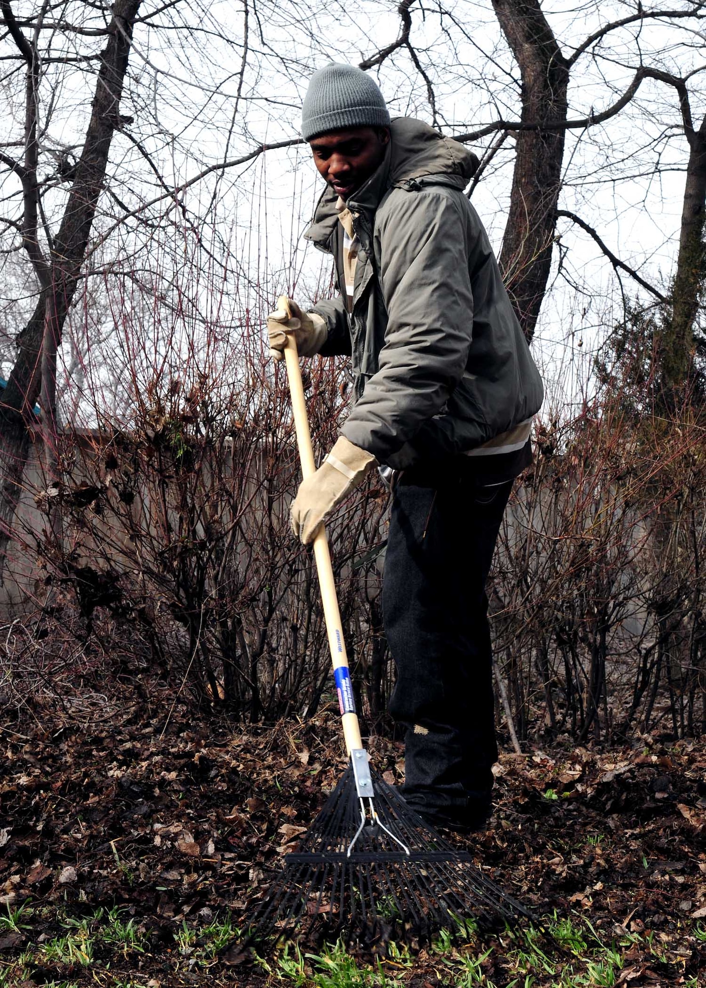 “JJ” Moore, a contracted civilian employee of the 376th Expeditionary Communications squadron, rakes leaves in the back yard of a building that will soon be renovated to become the Crisis Center for Women in Bishkek, Kyrgyzstan, March 5. Transit Center at Manas Airmen, together with the Kyrgyz Congress of Women, will help make the crisis center a place women can come for refuge. There will be a ceremony soon to officially begin the renovations.  (U.S. Air Force photo/Staff Sgt. Carolyn Viss/released)