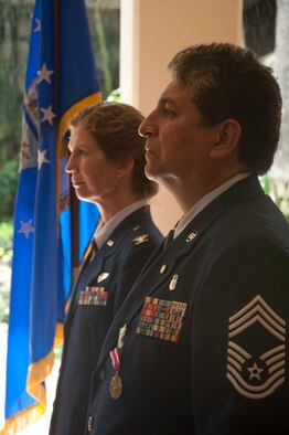 Chief Master Sgt. Richard G. Fikani Jr. and Col. Gayle Seifullin, 624th Aeromedical Staging Squadron commander, listen as the order for the chief's retirement is read.

Chief Fikani began his military career by enlisting in the United States Army in December 1981. After completing nine years of active duty, he ended his Army career and settled in Honolulu, Hawaii. He then enlisted into the U.S. Air Force Reserve in November 1991 where he remained till his retirement. (U.S. Air Force photo/Master Sgt. Daniel Nathaniel)