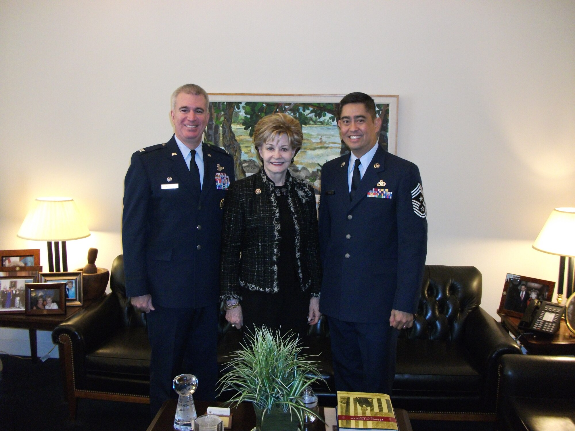 Col. Robert Huston, 624th Regional Support Group commander, and Chief Master Sgt. Brian Wong, 624th RSG command chief, meet with the Hon. Madeleine Z. Bardallo, Guam, U.S. House of Representatives, Feb. 5, on Capitol Hill, Washington, D. C, While in the nation's capitol, Colonel Huston and Chief Wong attended the 2010 Senior Leaders conference. (Courtesy photo)