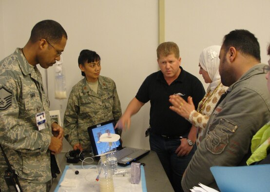 Maj. Jerelyn Pedrina, a nurse at the 624th ASTS, and other medical staff deployed the 332nd Contingency Aeromedical Staging Facility, Joint Base Balad, Iraq train Iraqi medical personnel. They are training them on a variety of skills, ranging from IV therapy to aeromedical evacuation procedures. (Courtesy Photo)