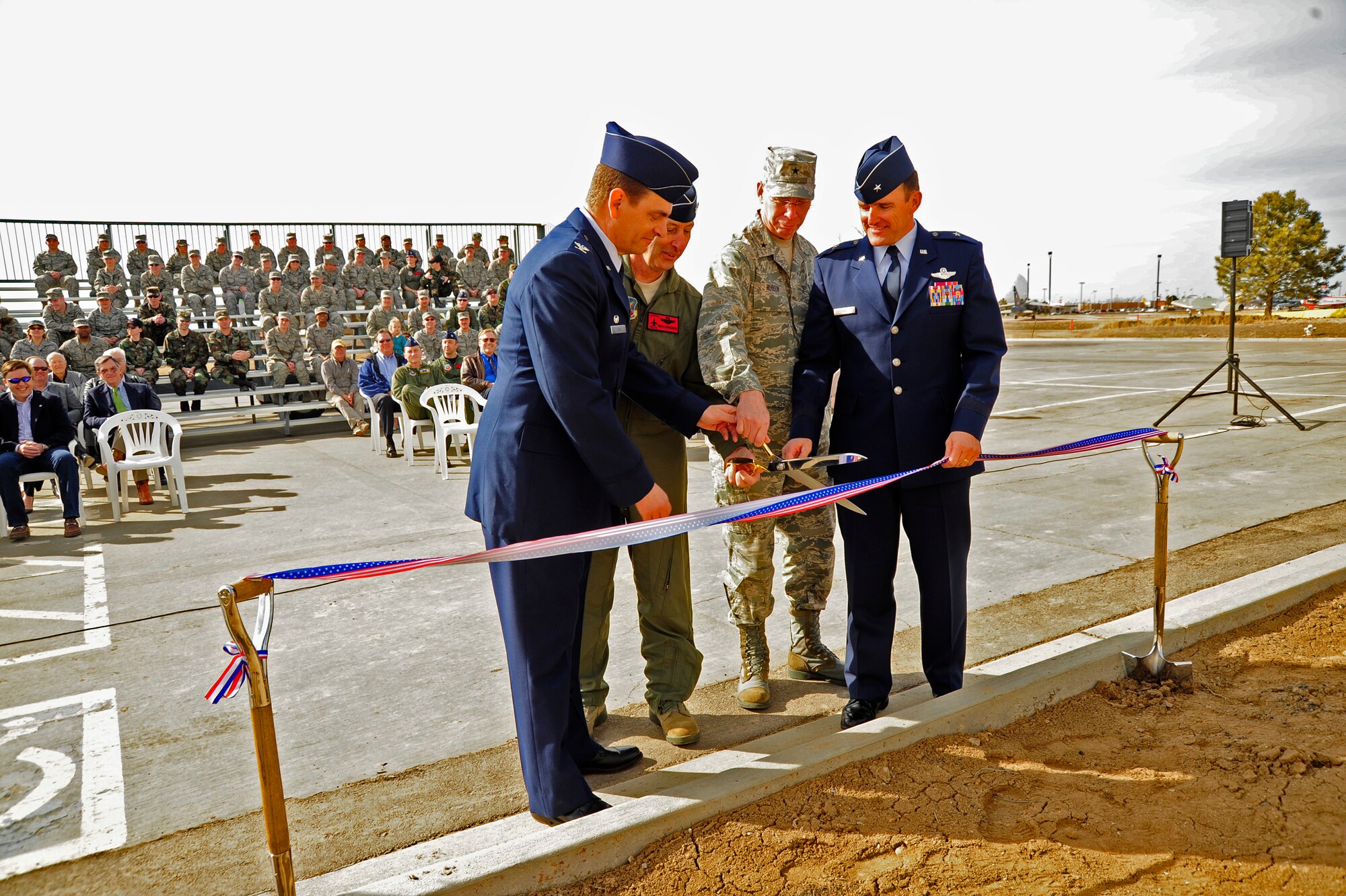 (From left to right) Colonel Mike Loh, 140th Operations Group Commander, Maj. Gen. H. Michael Edwards, Colorado Adjutant General, Brig. Gen. William Hudson, Colorado Air National Guard Commander and Brig. Gen. Trulan Eyre, 140th Wing Commander cut the ribbon and officially open the new 140th Operations Group building March 6.
