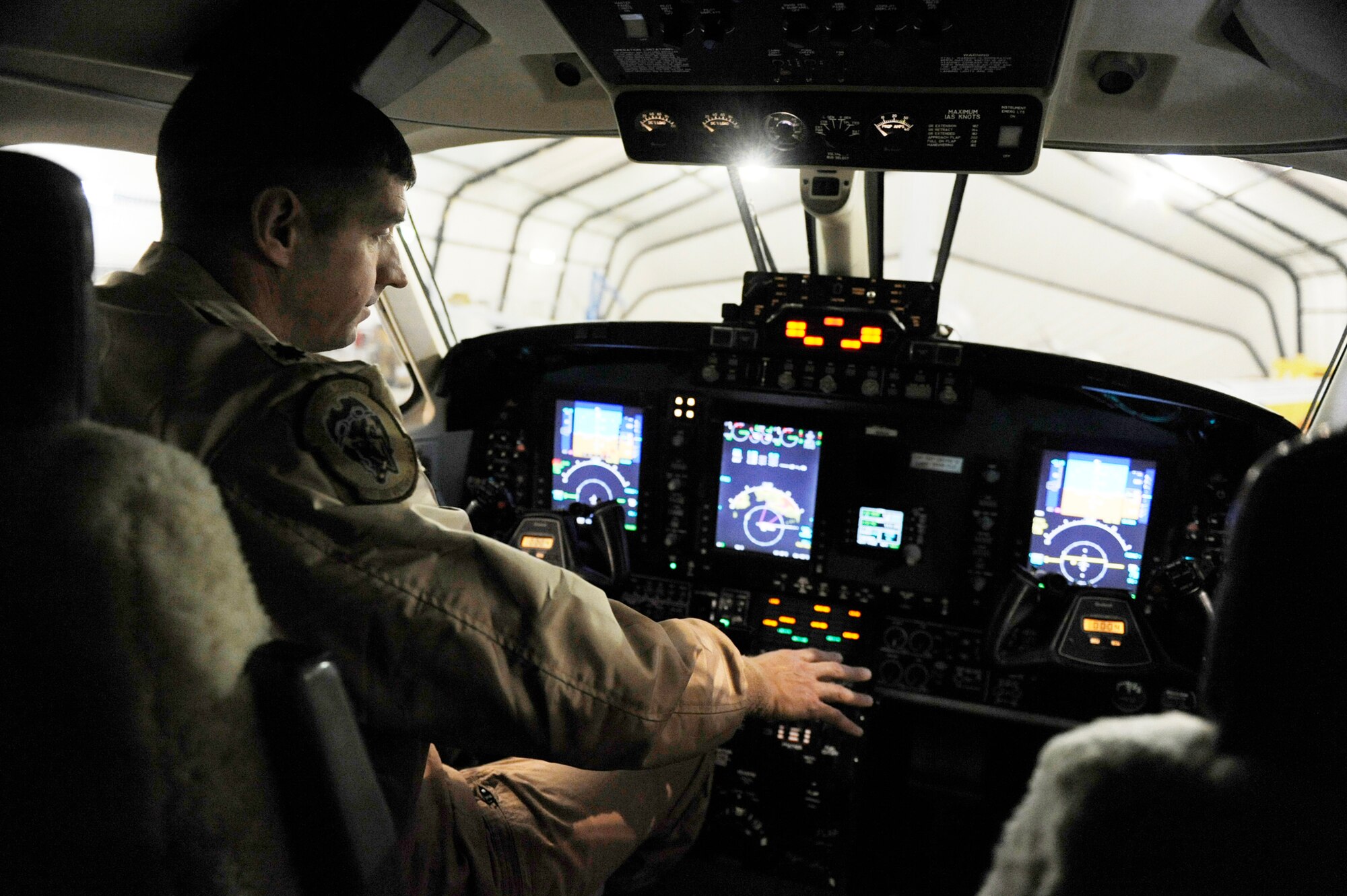 Lt. Col. Rob Weaver, the 4th Expeditionary Reconnaissance Squadron director of operations at Bagram Airfield, Afghanistan, goes through a routine check of the instrument panel in an MC-12 Liberty Feb. 27, 2010. The MC-12 brings tactical intelligence, surveillance and reconnaissance to ground commanders in Afghanistan. (U.S. Air Force photo/Staff Sgt. Manuel J. Martinez)