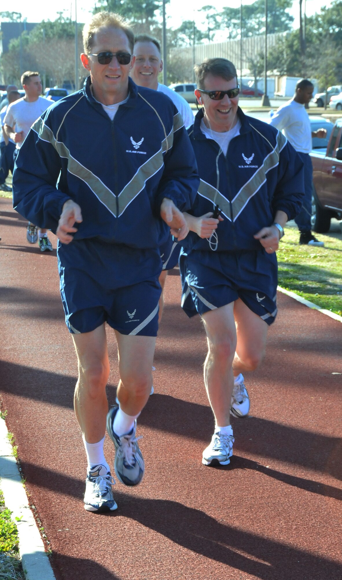 Maj. Gen. James Rubeor, 22nd Air Force commander, runs with 403rd Wing Reservists at Crotwell Track on March 6. More than 50 Reservists joined General Rubeor on the track as part of the 403rd Wing Fit to Fight program. (U.S. Air Force photo by Senior Airman Kimberly Erickson)
