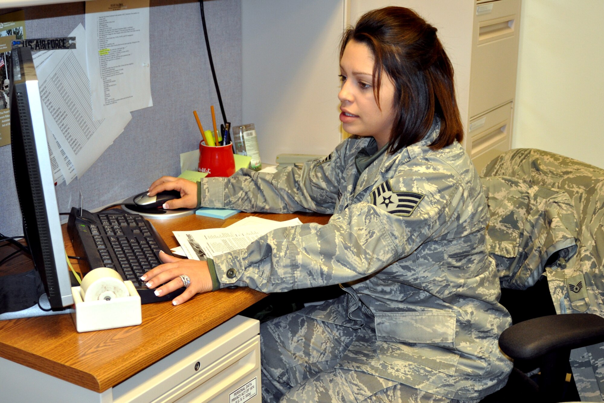Staff Sgt. Erica Keammerer, an education and training technician for the 917th Wing Mission Support Flight on Barksdale Air Force Base, La., ensures that education and training files are up to date and complete for current and retired servicemembers. Sergeant Keammerer originally from Patterson, La., has been in the United States Air Force for five years and considers it an honor and privilege to serve her country. She recognizes her husband as the person who has influenced her most throughout her military career because he abides by and exudes the United States Air Force core values in all he does. Sergeant Keammerer truly enjoys her job and being able to counsel fellow servicemembers on their education benefits and how to utilize them. When she isn’t working, the education technician enjoys going to church and shopping and eating out with her family. (U.S. Air Force Photo/Senior Airman Crystal Marie Jordan)
