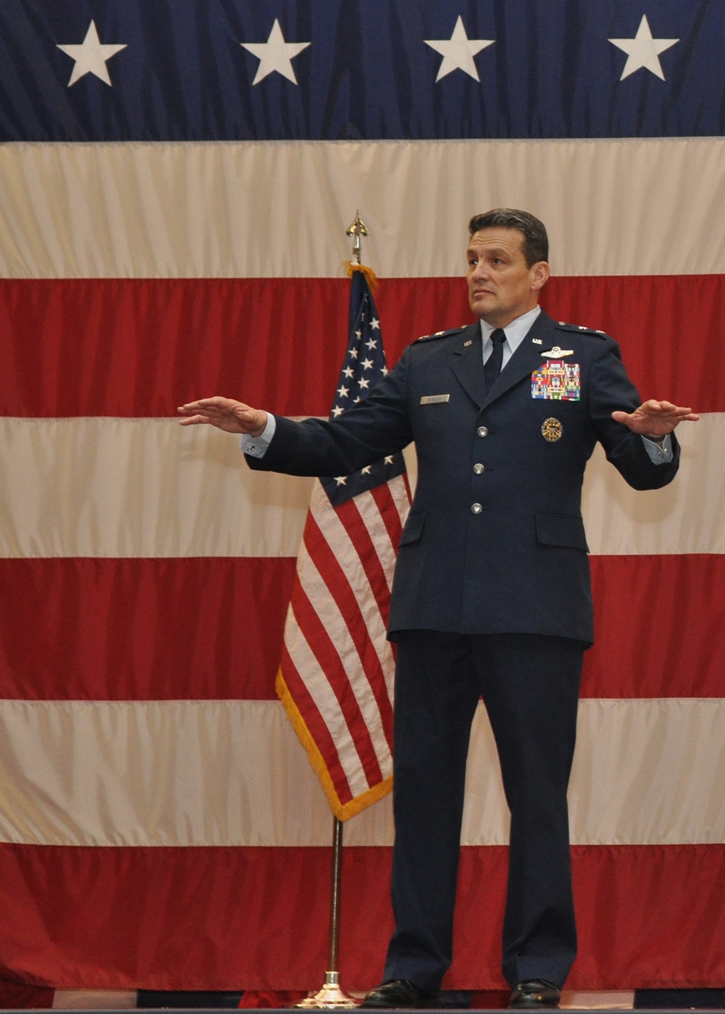 Maj. Gen. Frank Padilla, commander of the 10th Air Force at the Naval Air Station Joint Reserve Base, Fort Worth, Texas, addressed the men and women of the 917th Wing on Barksdale Air Force Base, La., while presiding over a change of command ceremony on Barksdale. Maj. Gen. Padilla spoke of mission readiness and Total Force Integration.  (U.S. Air Force Photo/Senior Airman Crystal Marie Jordan)