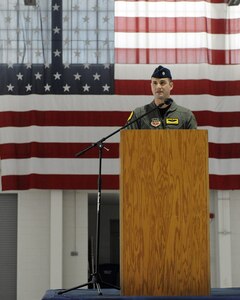 LANGLEY AIR FORCE BASE, Va. -- Lt. Col. Pete Fesler, new 27th Fighter Squadron commander, addresses his squadron during the change-of-command ceremony March 5 in the 27 FS hangar.  Lt. Col. Lansing Pilch relinquished command to Colonel Fesler after serving nearly two years as commander.  (U.S. Air Force photo/Senior Airman Zachary Wolf)
