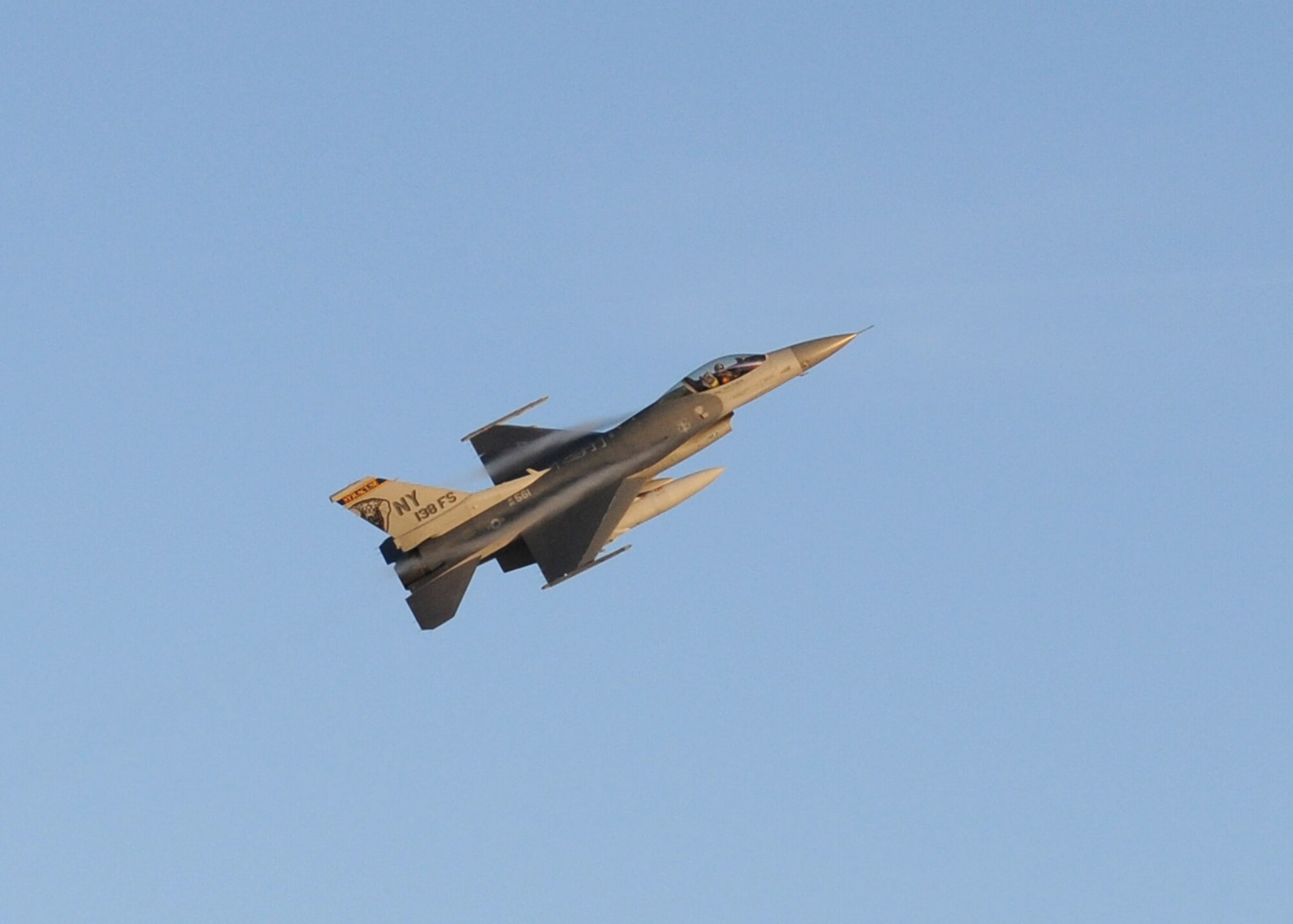 U.S. Air Force Lieutenant Colonel Daniel N. Tester is flying one of the last two 174th Fighter Wing F-16s from Hancock Field Air National Guard Base to Wheeler- Sack Army Air Field, 174FW Forward Operating Location at Ft. Drum in Watertown, New York on 6 March 2010.  Tester was flying as Colonel Kevin W. Bradley‘s wingman on his “Fini” flight. (US Air Force photo by Staff Sgt. Ricky Best/Released) 