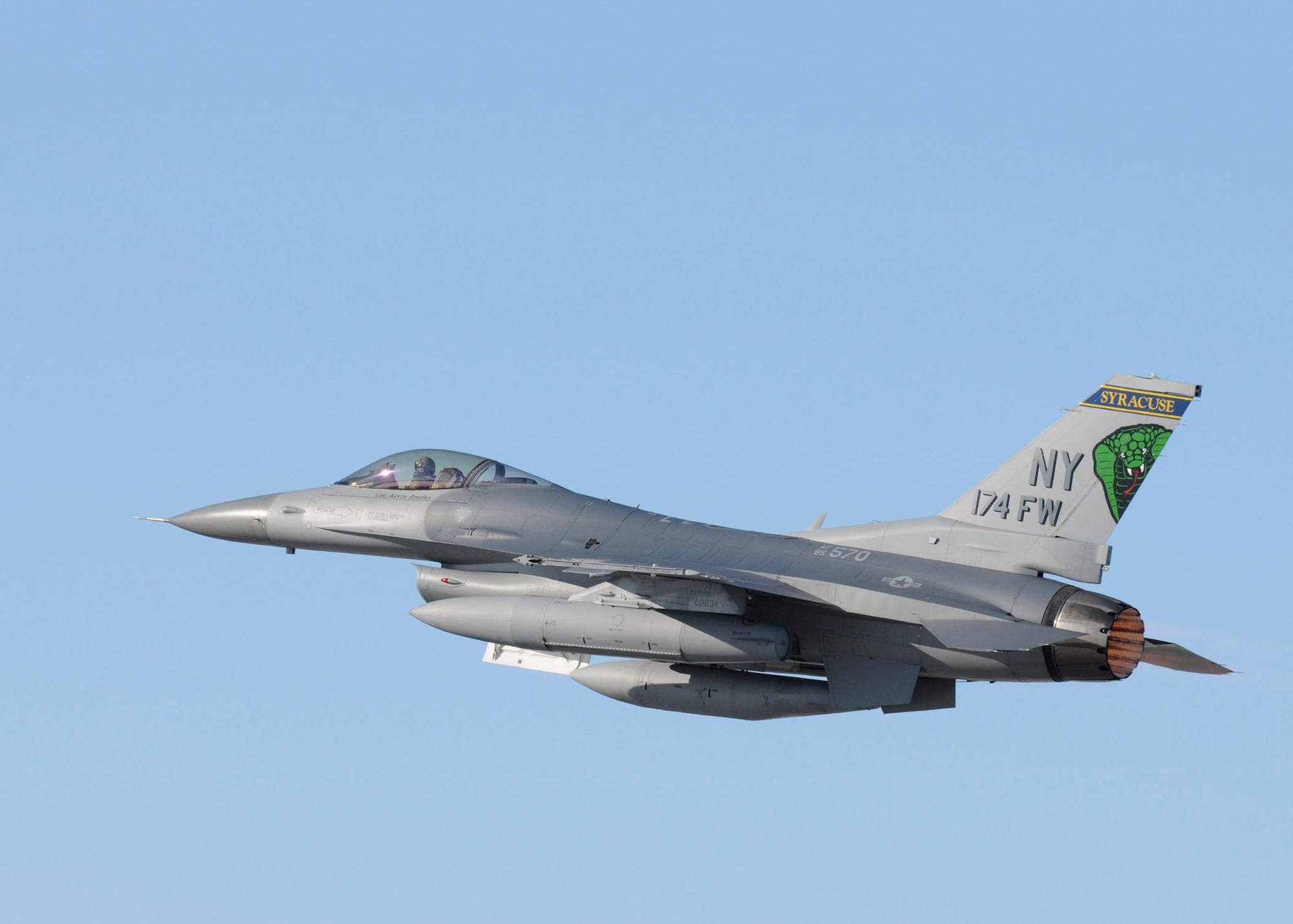 U.S. Air Force Colonel Kevin W. Bradley, Commander of the 174th Fighter Wing departs with the unit’s last F-16 at Hancock Field in Syracuse, New York on 6 March 2010.  The 174th Fighter Wing has converted from the F-16 Falcon to the MQ-9 Reaper flying 24/7 operations in support of Operation Enduring Freedom on 1 December 2009. (US Air Force photo by Staff Sgt. Ricky Best/Released) 