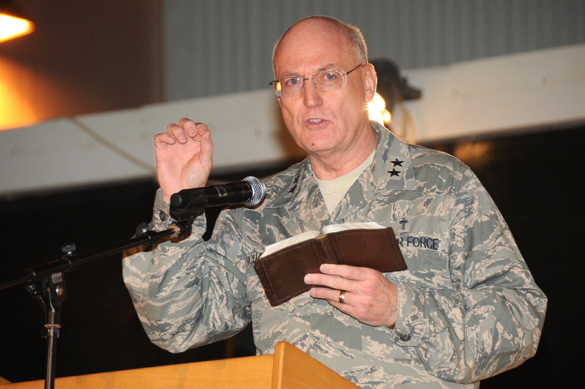 (Ch.) Maj. Gen. Cecil Richardson, Air Force Chief of Chaplains, speaks during the380th Air Expeditionary Wing  "Gospel Explosion" at an undisclosed location in Southwest Asia on March 6, 2010. Members of various worship services musical groups joined together for a concert with special guest Chap. Maj. Gen. Cecil Richardson, Air Force Chief of Chaplains, speaking. The 380th AEW supports Operations Iraqi Freedom and Enduring Freedom and the Combined Joint Task Force-Horn of Africa. The 380th AEW is comprised of four groups and 12 squadrons and the wing's deployed mission includes air refueling, surveillance and reconnaissance in support of overseas contingency operations in Southwest Asia. (U.S. Air Force photo/Senior Airman Jenifer H. Calhoun/Released)