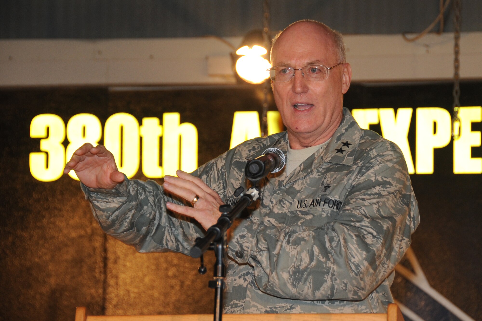 (Ch) Maj. Gen. Cecil Richardson, Air Force Chief of Chaplains, speaks during the 380th Air Expeditionary Wing "Gospel Explosion" musical event, at an undisclosed location in Southwest Asia on March 6, 2010. Members of various worship services musical groups joined together for a concert with special guest Chap. Maj. Gen. Cecil Richardson, Air Force Chief of Chaplains, speaking. The 380th AEW supports Operations Iraqi Freedom and Enduring Freedom and the Combined Joint Task Force-Horn of Africa. The 380th AEW is comprised of four groups and 12 squadrons and the wing's deployed mission includes air refueling, surveillance and reconnaissance in support of overseas contingency operations in Southwest Asia. (U.S. Air Force photo/Senior Airman Jenifer H. Calhoun/Released)