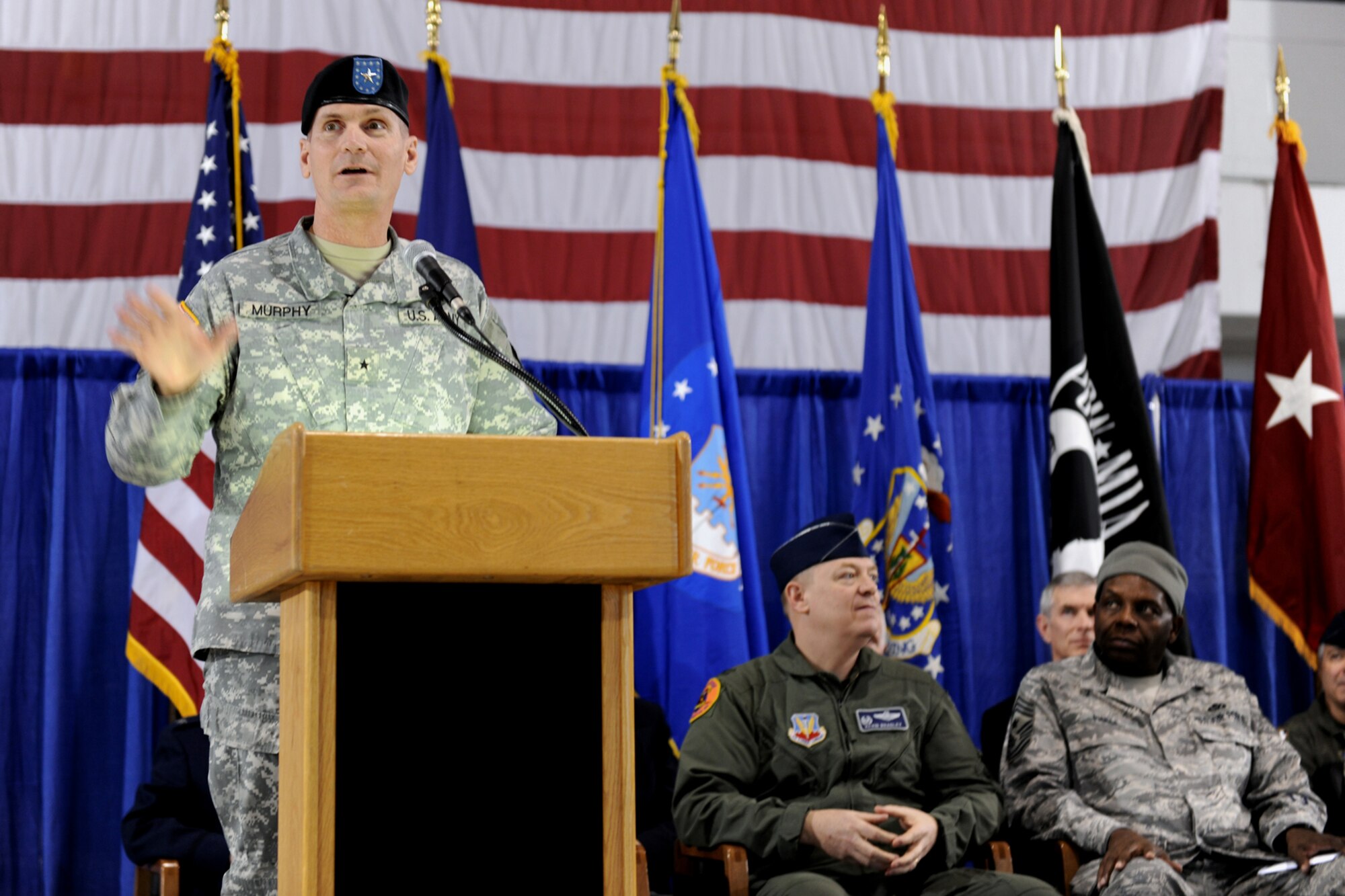 U. S. Army Brigadier General Patrick A. Murphy, the Adjutant General of New York State speaks to the 174th Fighter Wing and the assembled crowd at Hancock Field Air National Guard Base on Saturday, 6 March 2010.   Murphy was making his first visit to the 174th Fighter Wing as the TAG to witness the final departure ceremony of their last two F-16s. The 174th Fighter Wing has converted to the MQ-9 Reaper and began flying 24/7 operations in support of Operation Enduring Freedom on 1 December 2009.  (US Air Force Photo by Staff Sgt James N. Faso II/ Released)