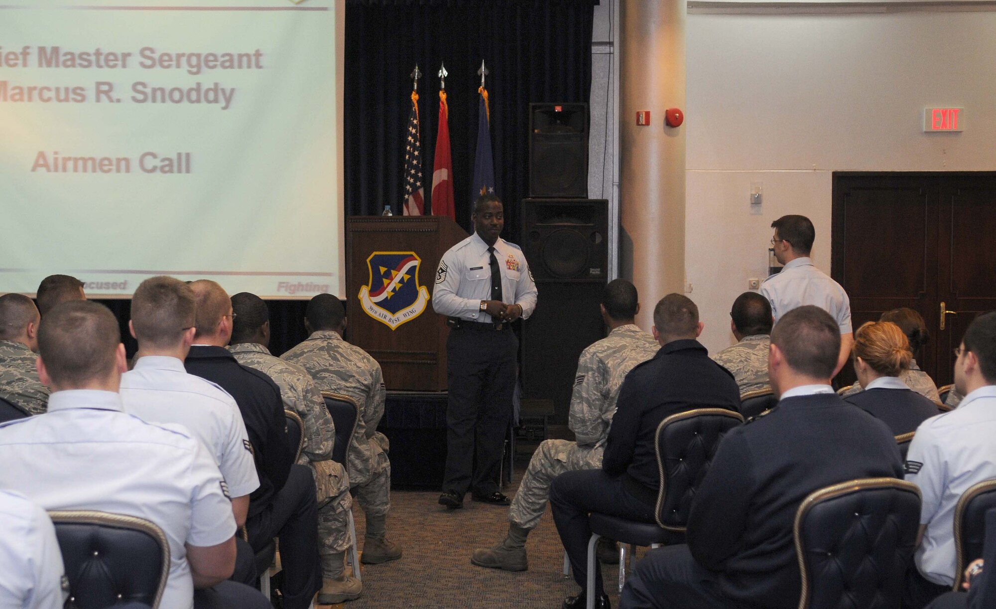 Chief Master Sgt. Marcus Snoddy, 39th Air Base Wing command chief, asks Airman 1st Class Daniel Rudder, 39th Logistics Readiness Squadron, what his definition of “Integrity” is in his own words during an Airman’s call, March 8, 2010 at Incirlik Air Base, Turkey.  Airman Rudder explained that “Integrity” is doing the right thing even when it is uncomfortable.  (U.S. Air Force photo/Senior Airman Ashley Wood)