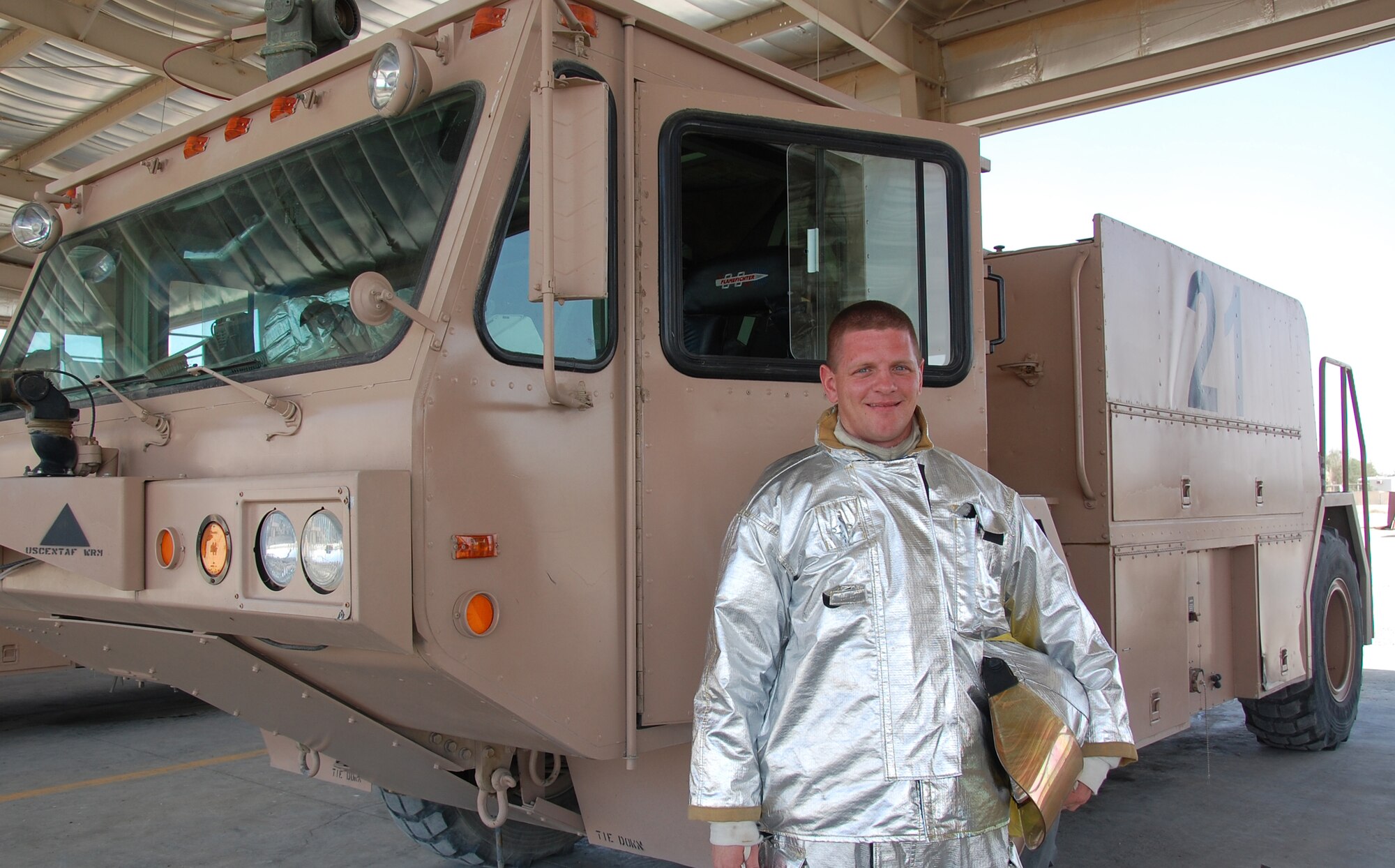 U.S. Air Force Senior Airman Joshua Wolff, a Monroeville, Ind., native, assigned to the 122nd Fighter Wing, Indiana Air National Guard, is currently deployed with the 386th Expeditionary Civil Engineer Squadron fire department at an air base in Southwest Asia. (U.S. Air Force photo by Staff Sgt. Lindsey Maurice/Released)
