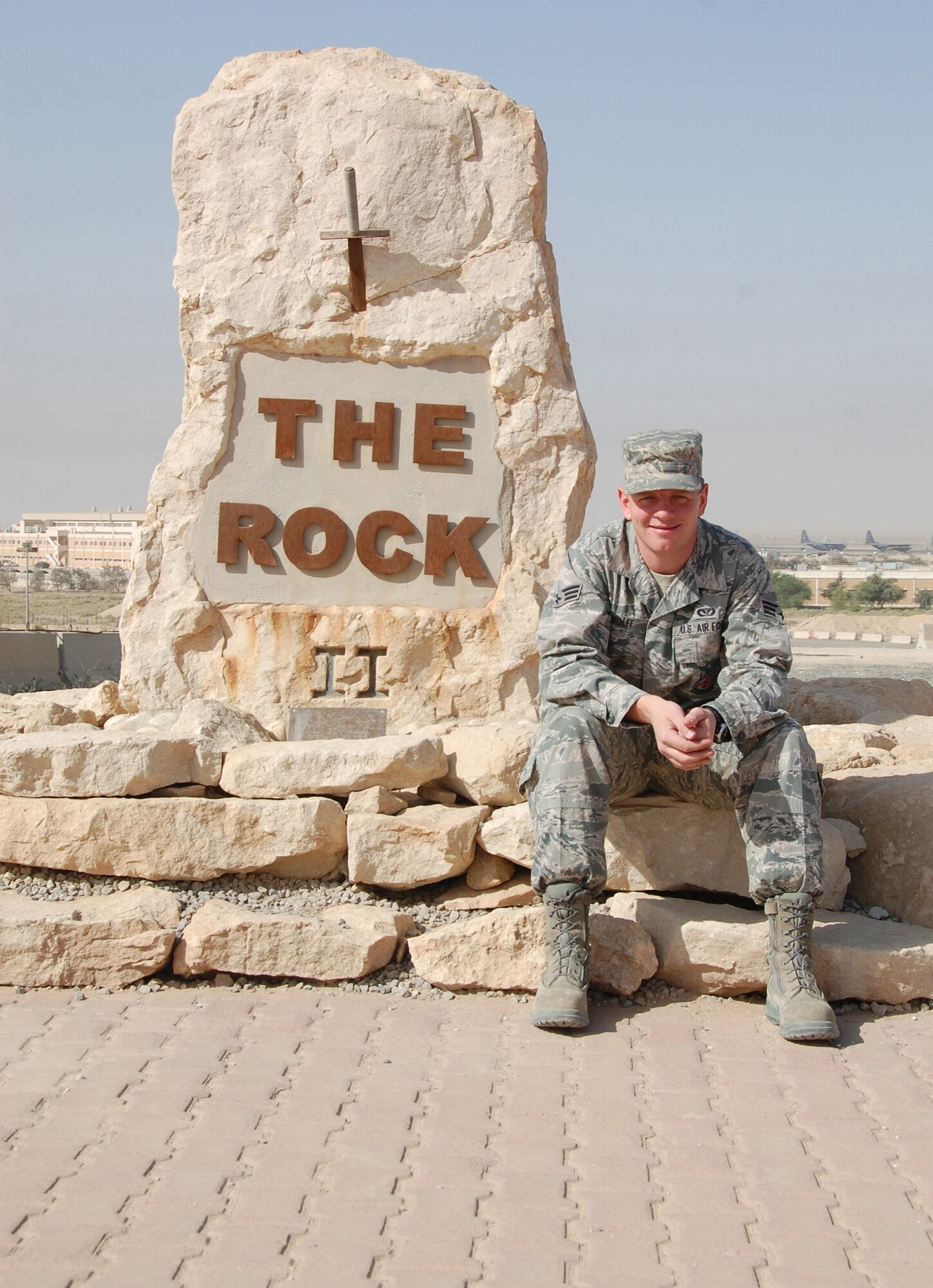 U.S. Air Force Senior Airman Joshua Wolff, a Monroeville, Ind., native, assigned to the 122nd Fighter Wing, Indiana National Guard, is currently deployed with the 386th Expeditionary Civil Engineer Squadron fire department at "The Rock", an undisclosed location in Southwest Asia. (U.S. Air Force photo by Staff Sgt. Lindsey Maurice/Released)
