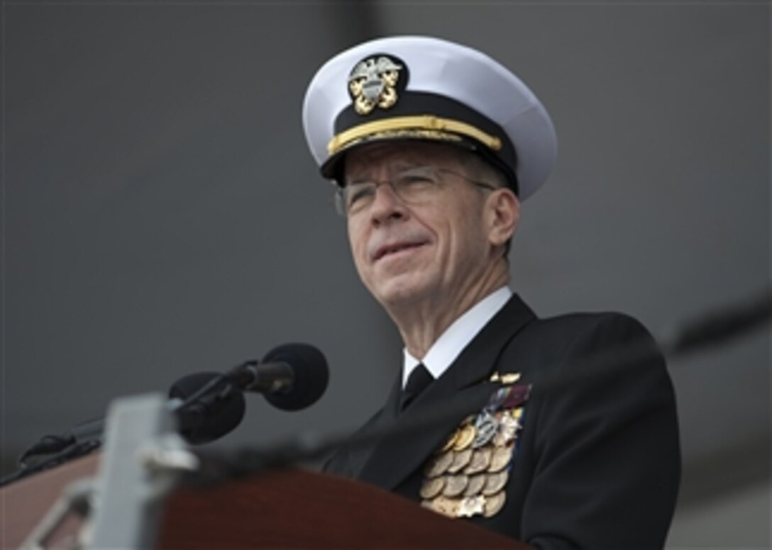 Chairman of the Joint Chiefs of Staff Adm. Mike Mullen, U.S Navy, addresses the audience at the commissioning ceremony for the U.S. Navy's newest Arleigh Burke-class guided missile destroyer USS Dewey (DDG 105) at Seal Beach Naval Weapons Station, Calif., on March 6, 2010.  