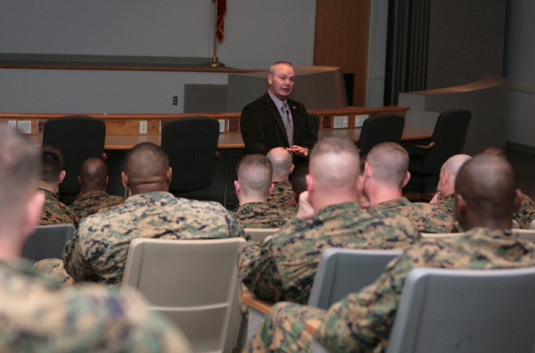 Randy Perdue, the training director at the West Virginia Corrections Academy, as he teaches a Leadership Mastery seminar to officers and staff noncommissioned officers from 8th Engineer Support Battalion, Combat Logistics Regiment 25, 2nd Marine Logistics Group, March 9, 2010, aboard Camp Lejeune, N.C.  Perdue, a retired Marine first sergeant, travels up and down the East Coast teaching the seminar to company employees, students at correctional academies and anyone else interested in receiving the training. The leadership seminar focused on self-improvement, including health, nutrition, rest and physical activity—all factors that contribute to someone’s overall well-being and ability to effectively lead. (U.S. Marine Corps photo by Cpl. Meghan J. Canlas)