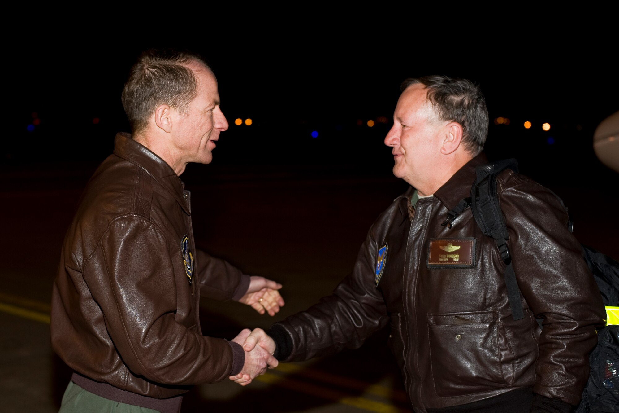 MISAWA AIR BASE,  Japan – Col. David Stilwell, 35th Fighter Wing commander, welcomes Maj. Gen. Frederick Roggero, Air Force Chief of Safety March 9. General Roggero visited Misawa in recognition of the wing’s zero class A, B, C aviation mishap rate and to tour the base. (U.S. Air Force photo/Senior Airman Jamal D. Sutter)
