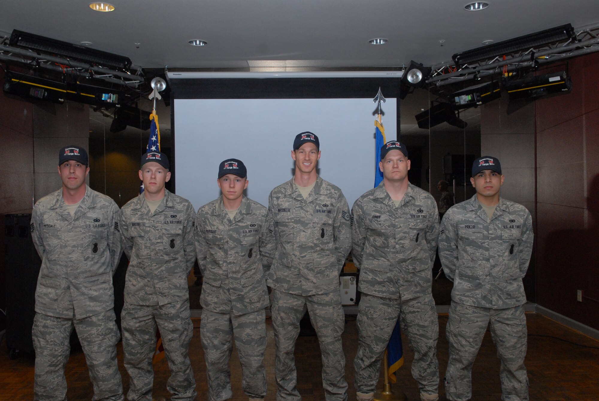 VANDENBERG AIR FORCE BASE, Calif. – Standing tall and proud, a six-member team from the 30th Security Forces Squadron here is slated to compete in the 2010 Guardian Challenge at Peterson Air Force Base, Colo., in late May. The 30th SFS team members include Staff Sgt. Michael Messina, Airman 1st Class Edward Mauss, Airman 1st Class Michael Perolio, Staff Sgt. Dominic Buzzelli, Master Sgt. Jeffery Jones and Airman 1st Class Timothy Prieto. (U.S. Air Force photo/Airman 1st Class Angelina Drake)