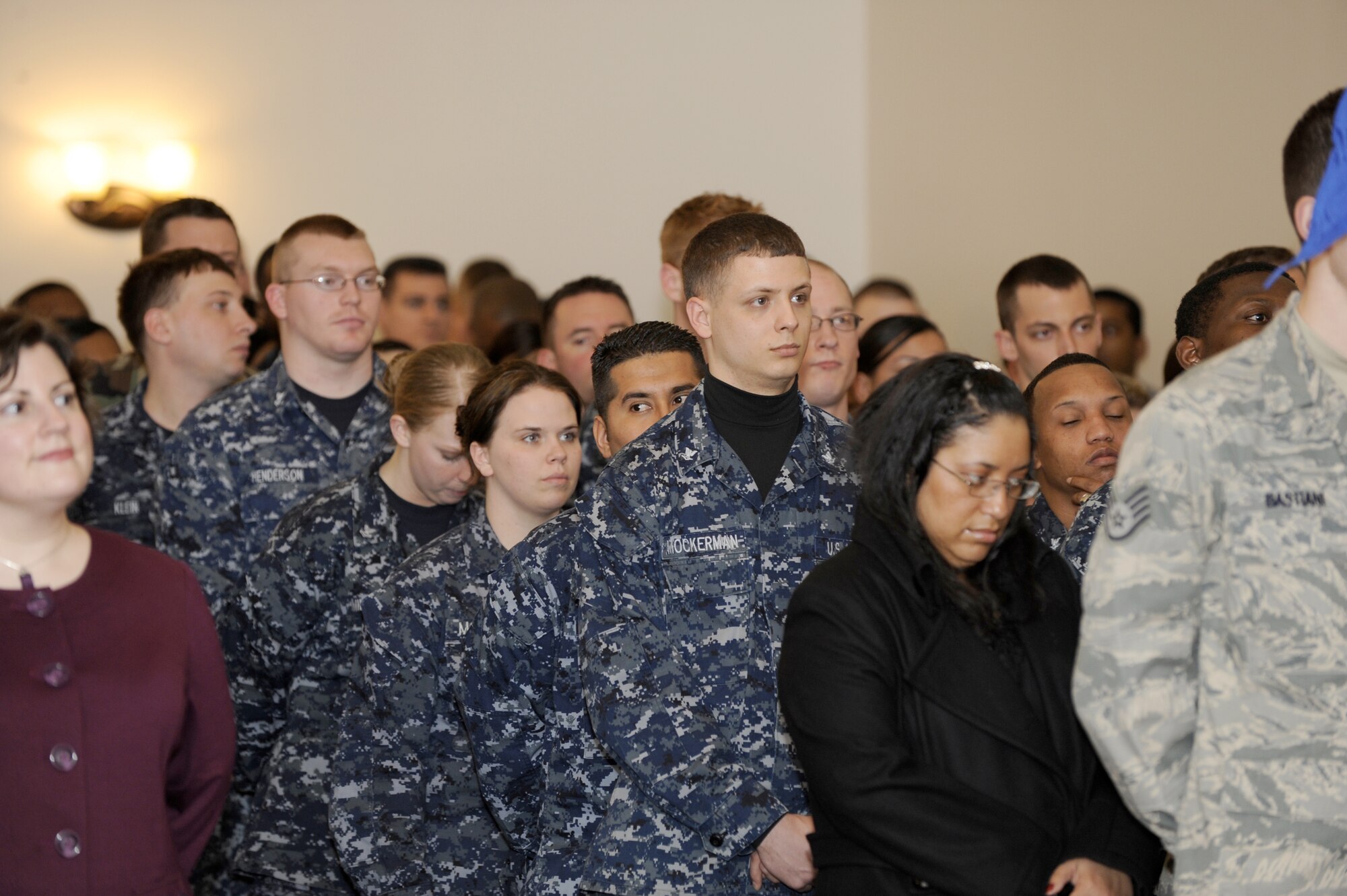 JOINT BASE MCGUIRE-DIX-LAKEHURST, N.J. – Sailors, Soldiers and Airmen of the 87th Air Base Wing attend the celebration of the wing’s first birthday here, March 3.  The celebration reflected on the year since the stand-up and honored the men and women dedicated to the wing’s success.  (U.S. Air Force photo/Carlos Cintron)