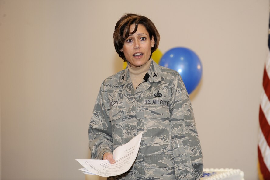 Col. Gina Grosso, 87th Air Base Wing and Joint Base McGuire-Dix-Lakehurst Commanders, addresses the Sailors, Soldiers and Airmen assigned to the 87th Air Base Wing during the wing’s first birthday celebration at Joint Base McGuire-Dix-Lakehurst, N.J., on March 3, 2010. The celebration reflected on the year since the stand-up and honored the men and women dedicated to the wing’s success. (U.S. Air Force Photo/Carlos Cintron) 