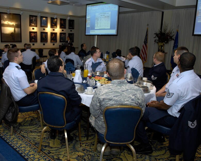 VANDENBERG AIR FORCE BASE, Calif.-- While enjoying breakfast, Airmen learn more about the Air Force Assistance Fund campaign at the Pacific Coast Club here Monday, March 8, 2010. During the breakfast Team V's AFAF officials were informed about the campaign, which supports Air Force active duty, Guard, Reserve and retired members. (U.S. Air Force photo/Airman 1st Class Lael Huss)

