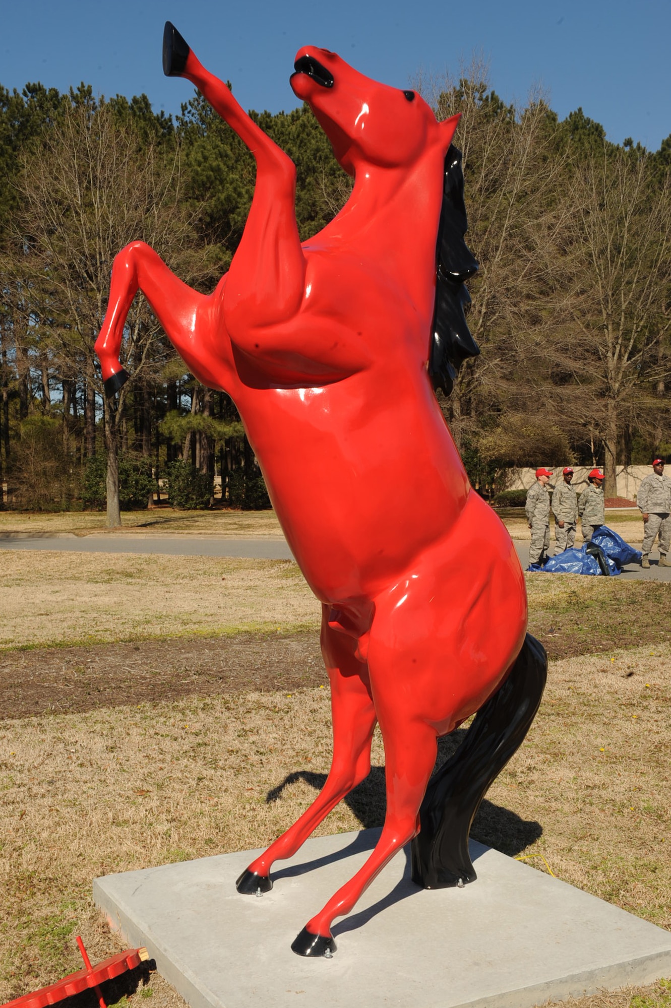 The 567th RED HORSE revealed the squadron mascot, “Charging Charlie” during a ribbon cutting ceremony on Seymour Johnson Air Force Base, N.C., March 6, 2010. The 567th RED HORSE was established here Nov. 1, 2008. There are 209 personnel assigned to the squadron who are capable of proving rapid response efforts and independent operations in remote, high-threat environments worldwide. (U.S. Air Force photo/Senior Airman Ciara Wymbs)