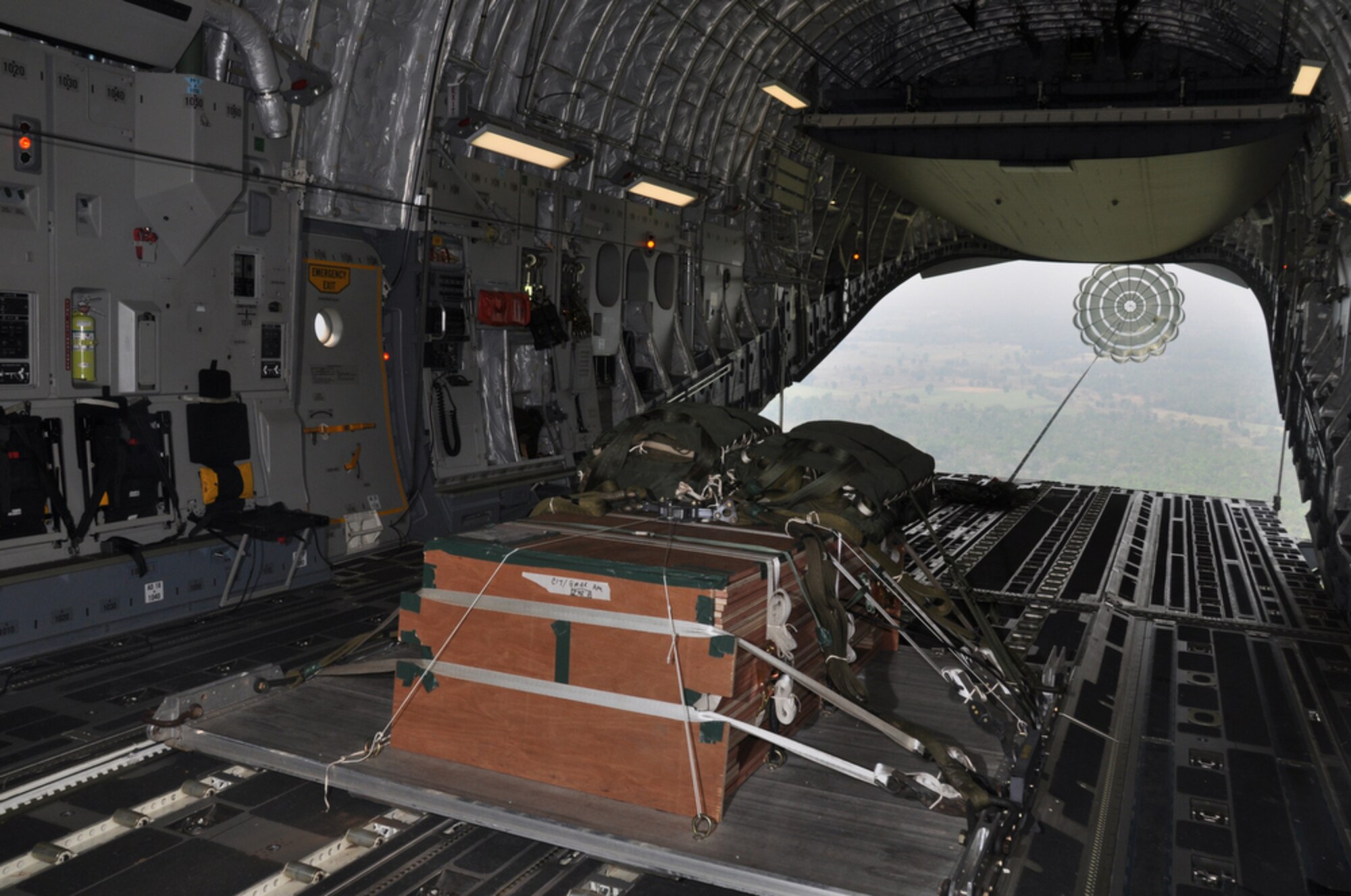Simulated cargo is ready to be ejected from the back of a C-17 Globemaster III from Joint Base Pearl Harbor Hickam, Hawaii, during an airdrop training mission supporting Cope Tiger 2010 in Thailand on March 8. Cope Tiger is an annual multilateral exercise conducted in Thailand that includes humanitarian and civic assistance programs. This year's exercise takes place primarily at Udon Thani and Korat Royal Thai Air Force Bases March 1 to 12. (U.S. Air Force photo/Tech. Sgt. Cohen A. Young)