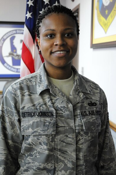Staff Sgt. Shacara Detrick-Johnson comes to the 512th Airlift Wing's Military Equal Opportunity office after serving as a security forces specialist in the regular Air Force. A Pittsburgh, Pa., native, Sergeant Detrick-Johnson enjoys the performing arts and spending time with family. She plans to go back to school to complete a nursing degree. (U.S. Air Force photo/Staff Sgt. Steve Lewis)