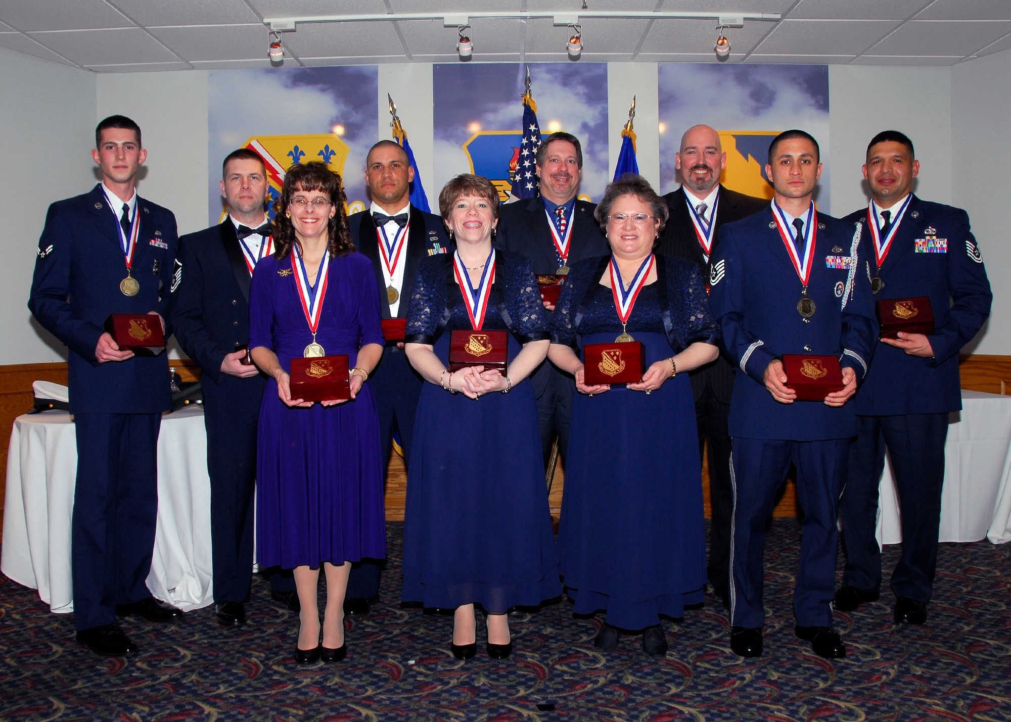 The 82nd Training Wing Annual Awards were presented by 82nd TRW Commander Brig. Gen. O.G. Mannon and Chief Master Sgt. Kenneth Sallinger, 82nd TRW command chief, March 5 to recognize the best of the wing's Airmen. Pictured from left to right on the first row are Marta Garcia, 82nd Dental Squadron, Robin Parrish, 82nd Medical Operations Squadron, Linda Howard, 82nd Force Support Squadron, and Tech. Sgt. Christopher Huntington, 361st Training Squadron. Pictured from left to right on the second row are Airman 1st Class Keenan Mondragon, 82nd Security Forces Squadron, Master Sgt. William Aronowitz, 82nd Mission Support Group, Staff Sgt. Phillip Baham, 366th Training Squadron, Jason Durst, 82nd Training Group, Jeffrey Pittman, 361st TRS, and Tech. Sgt. Angel Armendariz, 364th TRS. (U.S. Air Force photo/Harry Tonemah) 
