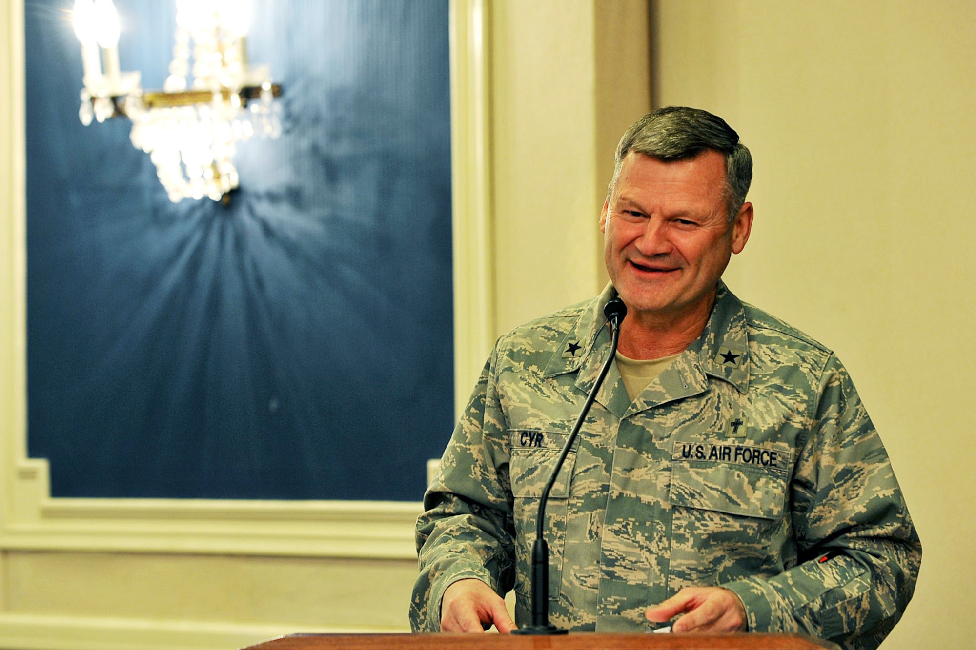 OFFUTT AIR FORCE BASE, Neb. -- Brig. Gen. David H. Cyr, Air Force deputy chief of chaplains, addresses the crowd during the National Prayer Luncheon at the Patriot Club here March 3. Throughout the event many members of Team Offutt representing different faiths and backgrounds came together to pray for the warriors fighting for America, as well as their families. U.S. Air Force photo by Charles Haymond
