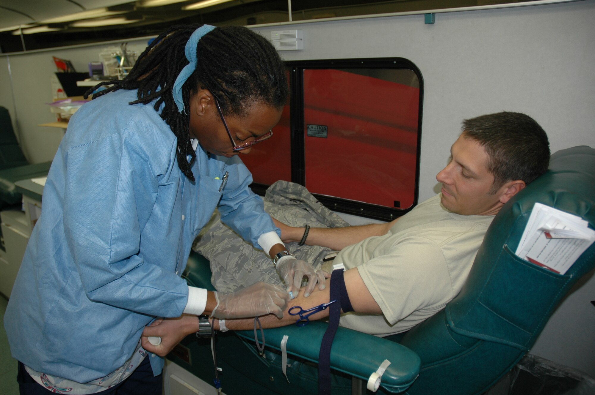 Staff Sgt. Daryl Gladstein, 944th Security Forces Squadron, donates blood during the 944th Fighter Wing's blood drive March 7. The wing's next blood drive is scheduled for July 11. (U.S. Air Force photo/Staff Sgt. Denise Willhite) 