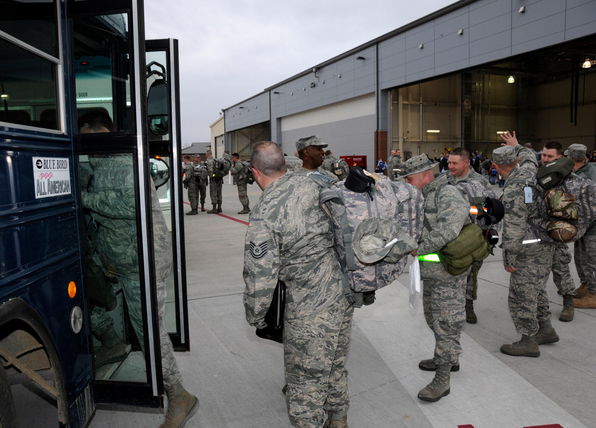 Members of the 188th Fighter Wing prepare to depart for an Aerospace Expeditionary Forces deployment March 8, 2010, at Fort Smith, Ark. The 188th will be deployed to Kandahar, Afghanistan, for more than two months. The 188th will be attached to the 451st Expeditionary Wing while at Kandahar Airfield. This marks the 188th's first combat deployment with the A-10 Thunderbolt II "Warthog."  (U.S. Air Force photo by Technical Sgt Stephen M. Hornsey/188th Fighter Wing Public Affairs)