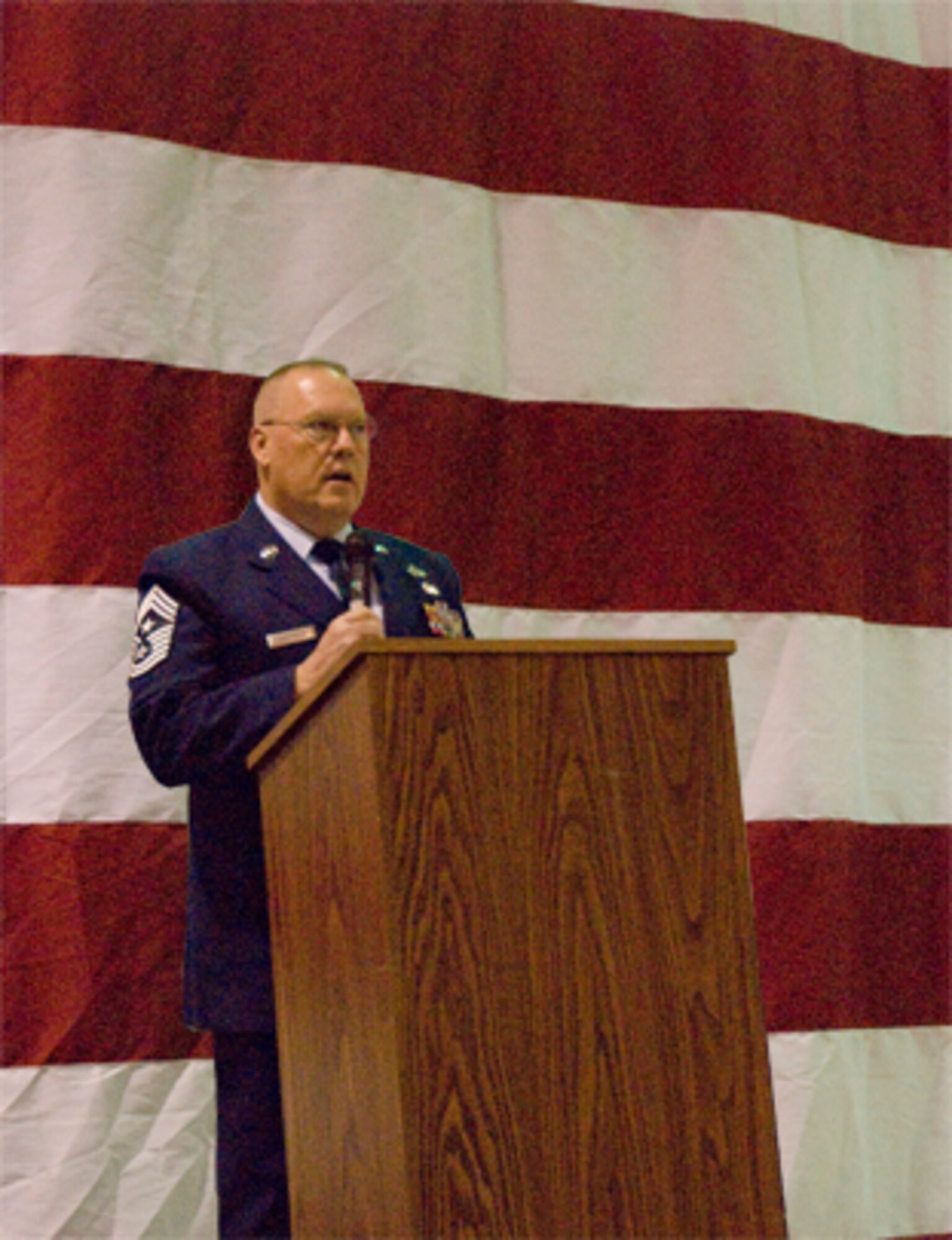 Command Chief Master Sergeant John M. Anderson of the 94th Airlift spoke about three key attributes of a successful airman: honor, commitment and respect at the wing commander’s call March 6. (U.S. Air Force photo/Staff Sgt. Samuel H. Hunt)