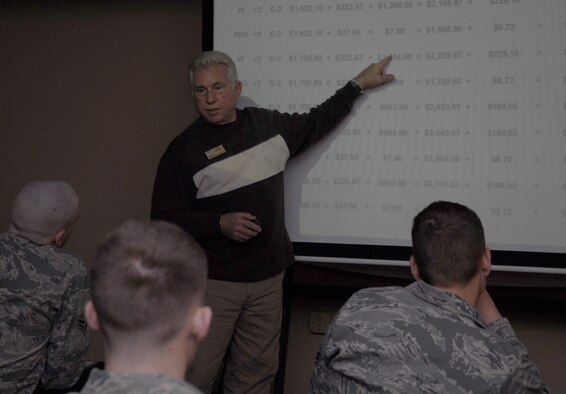 Tom Snyder, a core compliance expert at the Airman & Family Readiness Center, speaks about good spending habits to first-term Airmen at the Hurlburt Field Commando Pride Airmen Center Mar. 1. Mr. Snyder made teaching others about the importance of financial responsibility his personal mission for nearly 20 years. (U.S. Air Force photo by Airman 1st Class Joe McFadden)