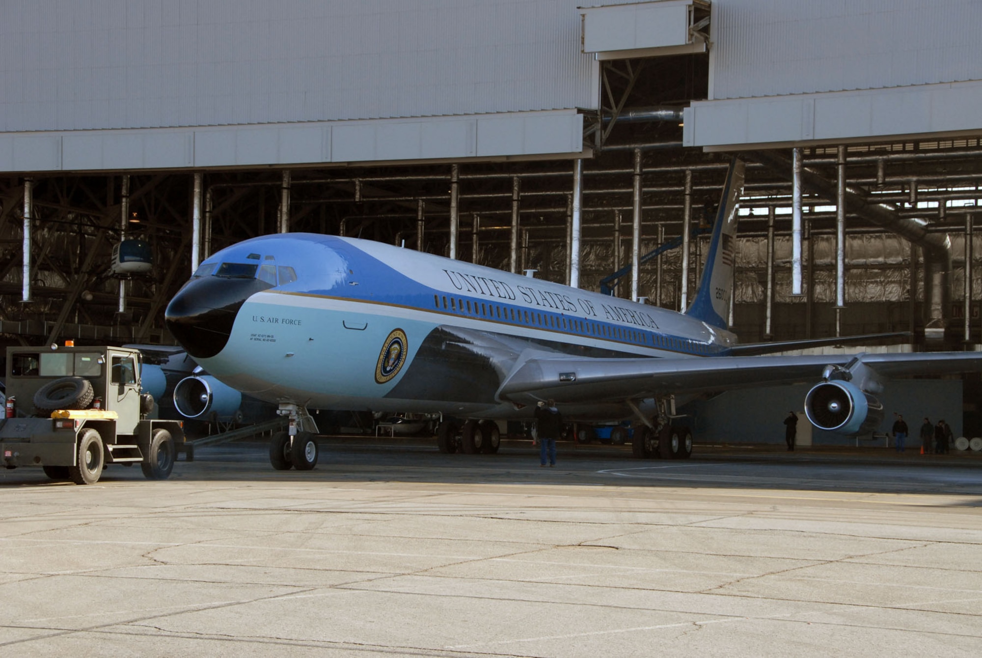 DAYTON, Ohio (03/2010) - Restoration specialists tow SAM 26000 from the restoration hangar to the Presidential Gallery at the National Museum of the U.S. Air Force. (U.S. Air Force photo)