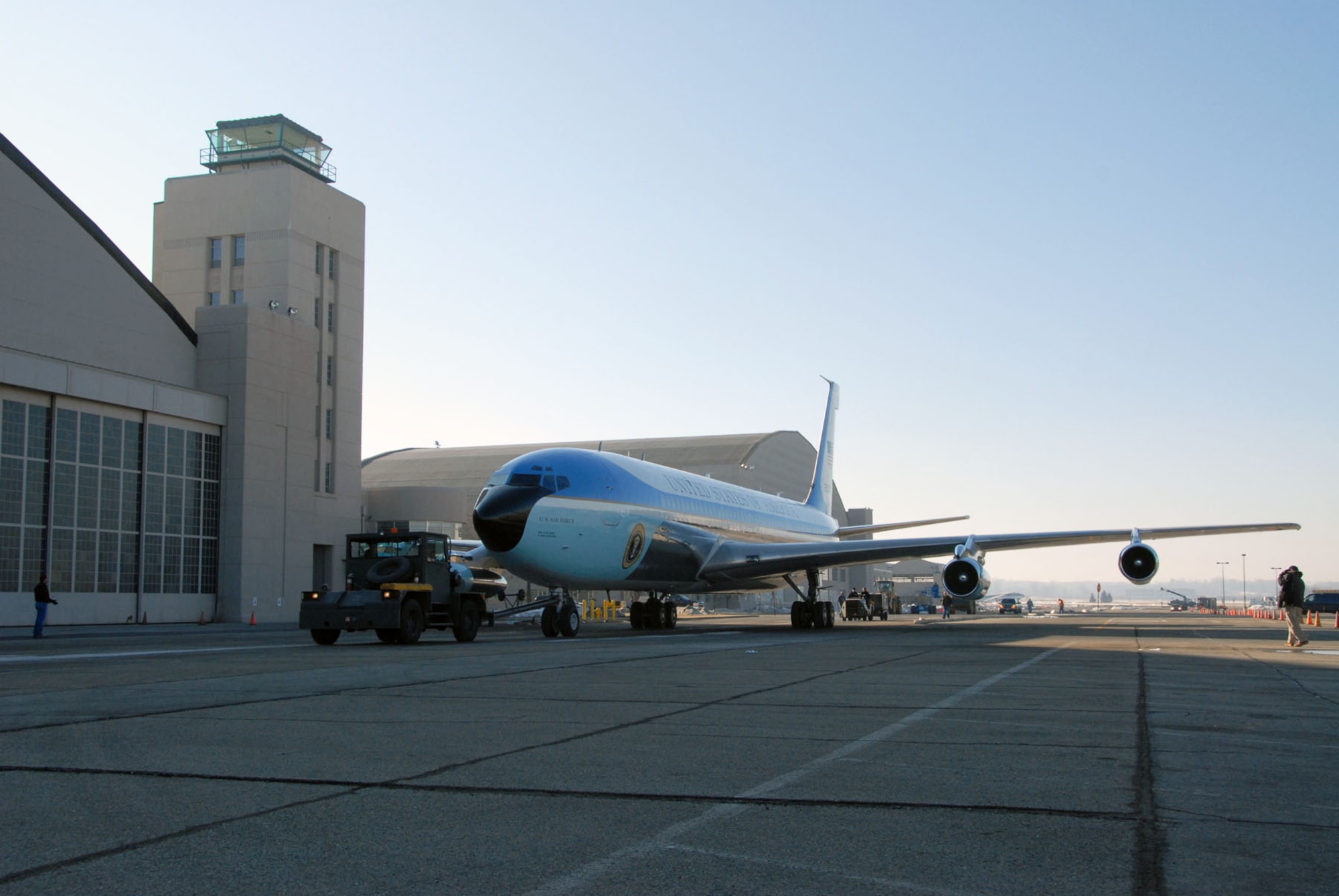 DAYTON, Ohio (03/2010) - Restoration specialists tow SAM 26000 from the restoration hangar to the Presidential Gallery at the National Museum of the U.S. Air Force. (U.S. Air Force photo)