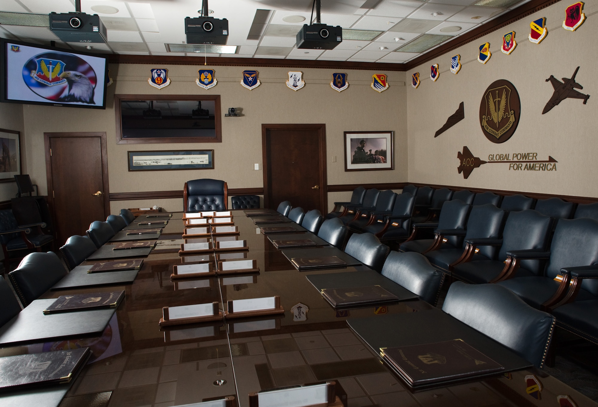 LANGLEY AIR FORCE BASE, Va. -- The conference room for the commander of the Air Combat Command underwent a major overhaul in recent weeks, with several technological additions. It now features collaboration tools like Office Communicator Server, SharePoint, and secure and unsecure video conferencing. (Courtesy photo)