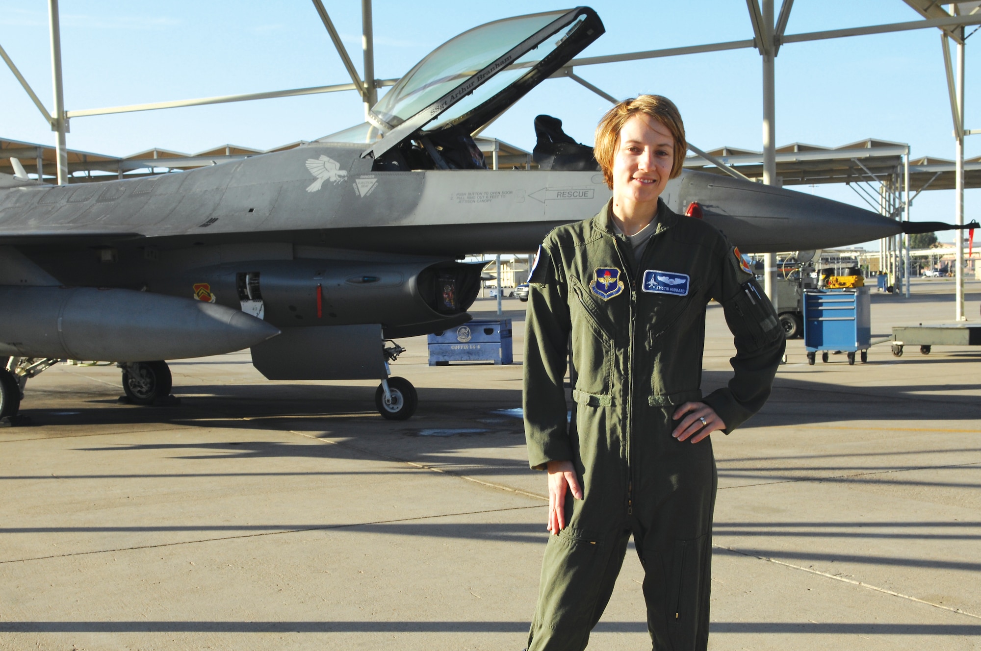 Capt. Kristin Hubbard, 62nd Fighter Squadron instructor pilot, has been selected to the U.S. Air Force Demonstration Team. She will be the Thunderbird's No. 8 position. (U.S. Air Force photo by Staff Sgt. Steve Nabor)