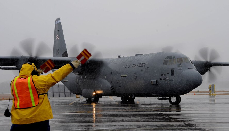Aircraft 8609 taxis out March 2 at Marietta, Ga., with Lt. Gen. Frank Gorenc, 3rd Air Force commander, at the controls.  The general accepted the plane from Lockheed Martin and flew it back to Ramstein.  The plane is the 11th C-130J to join the 37th Airlift Squadron’s fleet.  The new C-130Js provide Ramstein’s 37th Airlift Squadron with more payload capability, greater range, and additional combat airpower for U.S. European Command and U.S. Africa Command. (Photo courtesy Lockheed Martin)