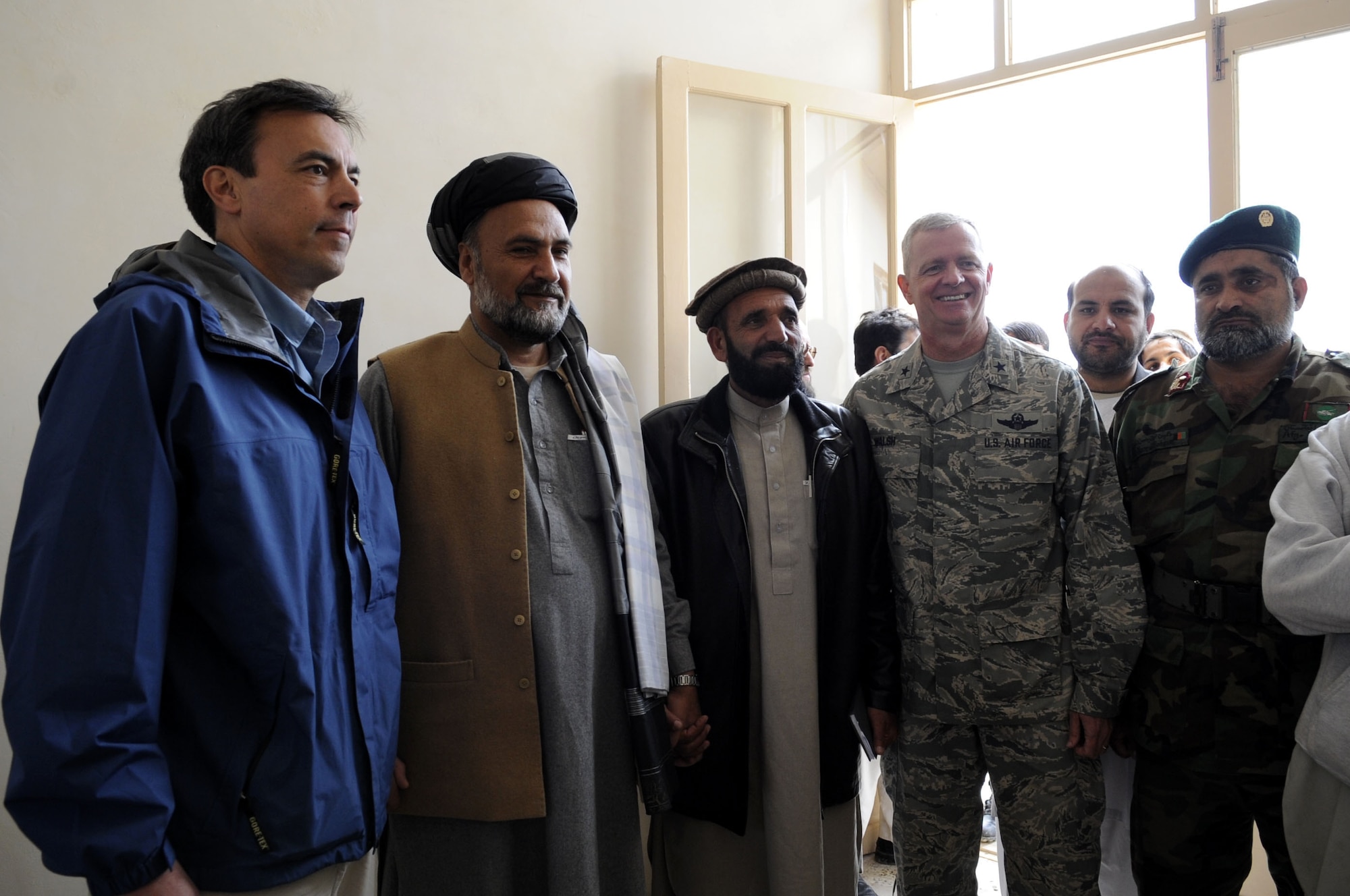 Tom Baltazar, deputy senior civilian for Regional Platform-South, Al-Haj Mohammed Ashraf Naseri, Governor of Zabul, Al-Haj Gulab Shah Alikhel, Deputy Governor, Zabul, Brig. Gen. Guy Walsh, 451st AEW commander, and Major General Jamal Uddin, commander, 2nd Brigade of the 205th Corps, Afghan National Army built strong relationships through interaction with PRT Zabul. (U.S. Air Force photo by Senior Airman Nancy Hooks/Released)
