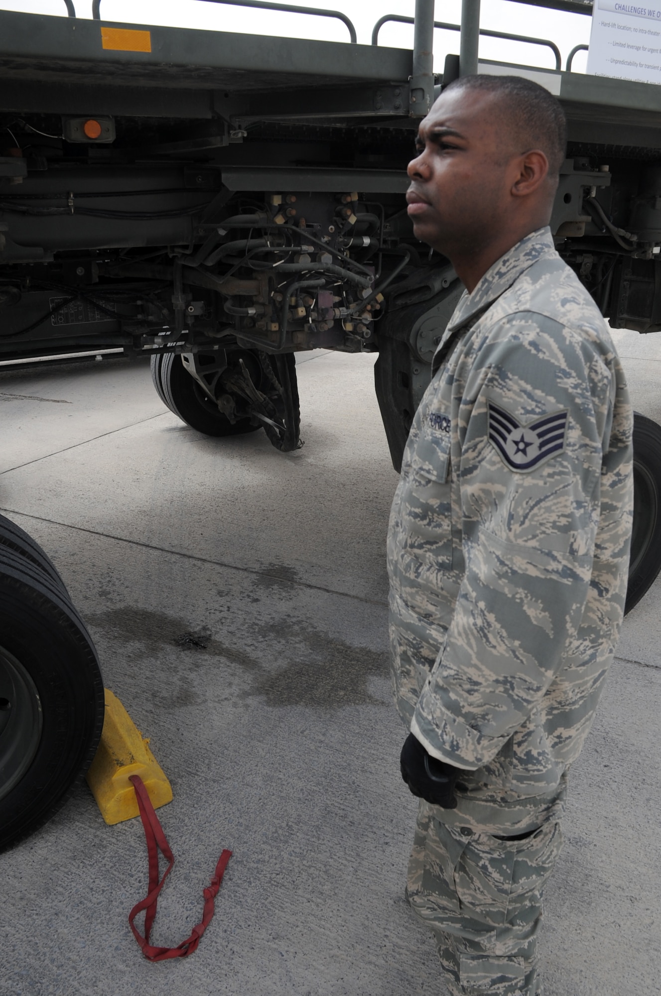 Staff Sgt. Phillip Belnavis, an air transportation craftsman with the 380th Expeditionary Logistics Readiness Squadron's Air Terminal Operations Center at a non-disclosed base in Southwest Asia, works on the 60,000-pound-capable aircraft loader during operations on the flightline of his deployed base March 1, 2010. He is deployed from the 89th Aerial Port Squadron at Andrews Air Force Base, Md., and his hometown is Pembroke Pines, Fla. (U.S. Air Force Photo/Master Sgt. Scott T. Sturkol/Released)
