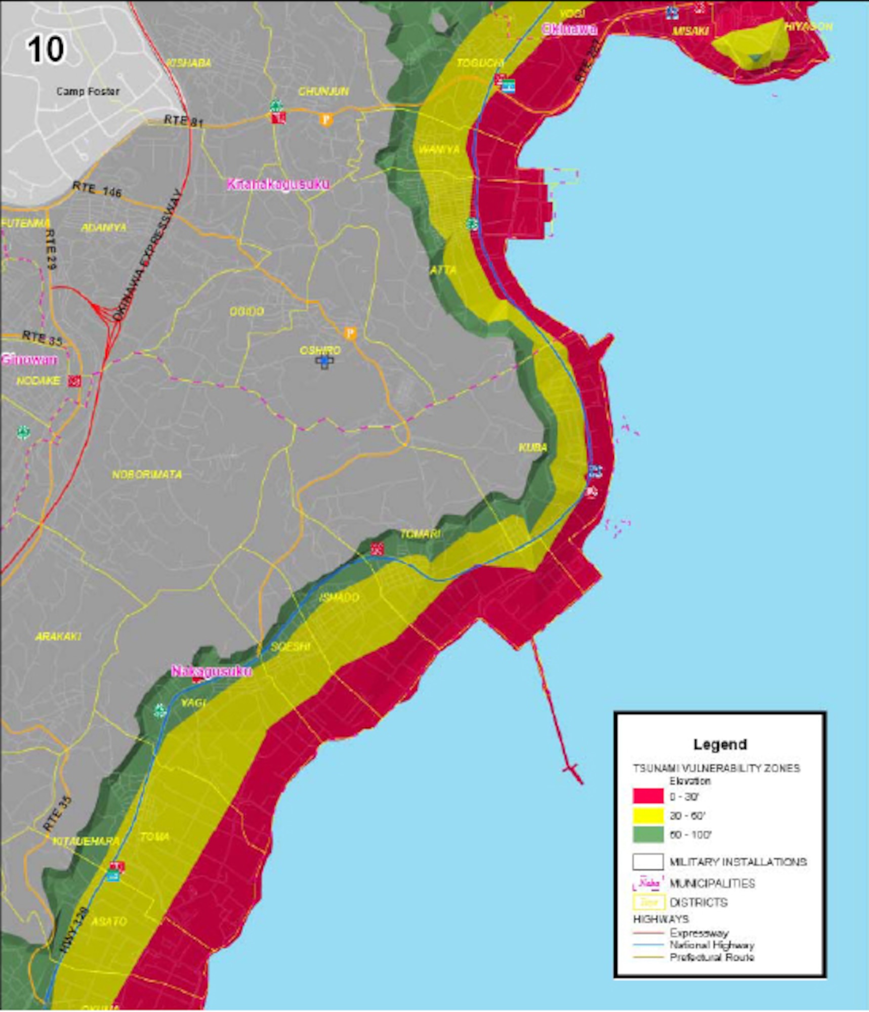 Area 10 of tsunami threat areas for military installations on Okinawa. Red areas are below 30 feet in elevation, yellow is below 60 feet and green is 100 feet or less. (Courtesy graphic)